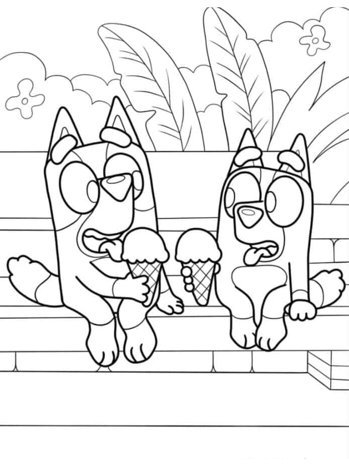 Bluey And Bingo Eating Ice Cream Coloring Pages For Kids