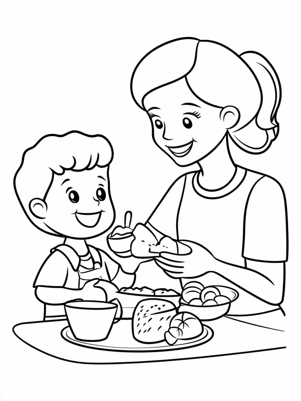 Breakfast In Bed Or Family Meal Mothers Day Coloring Pages