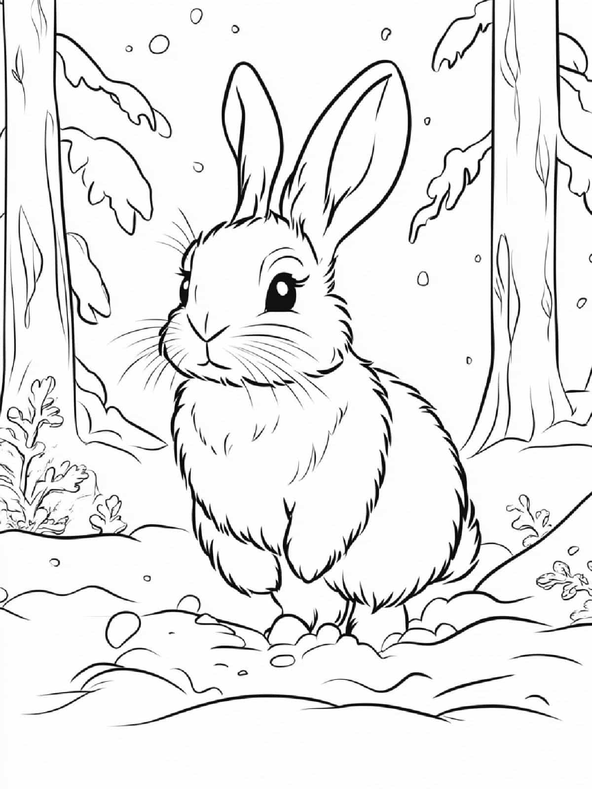 Bunny In Snowy Forest Coloring Sheets