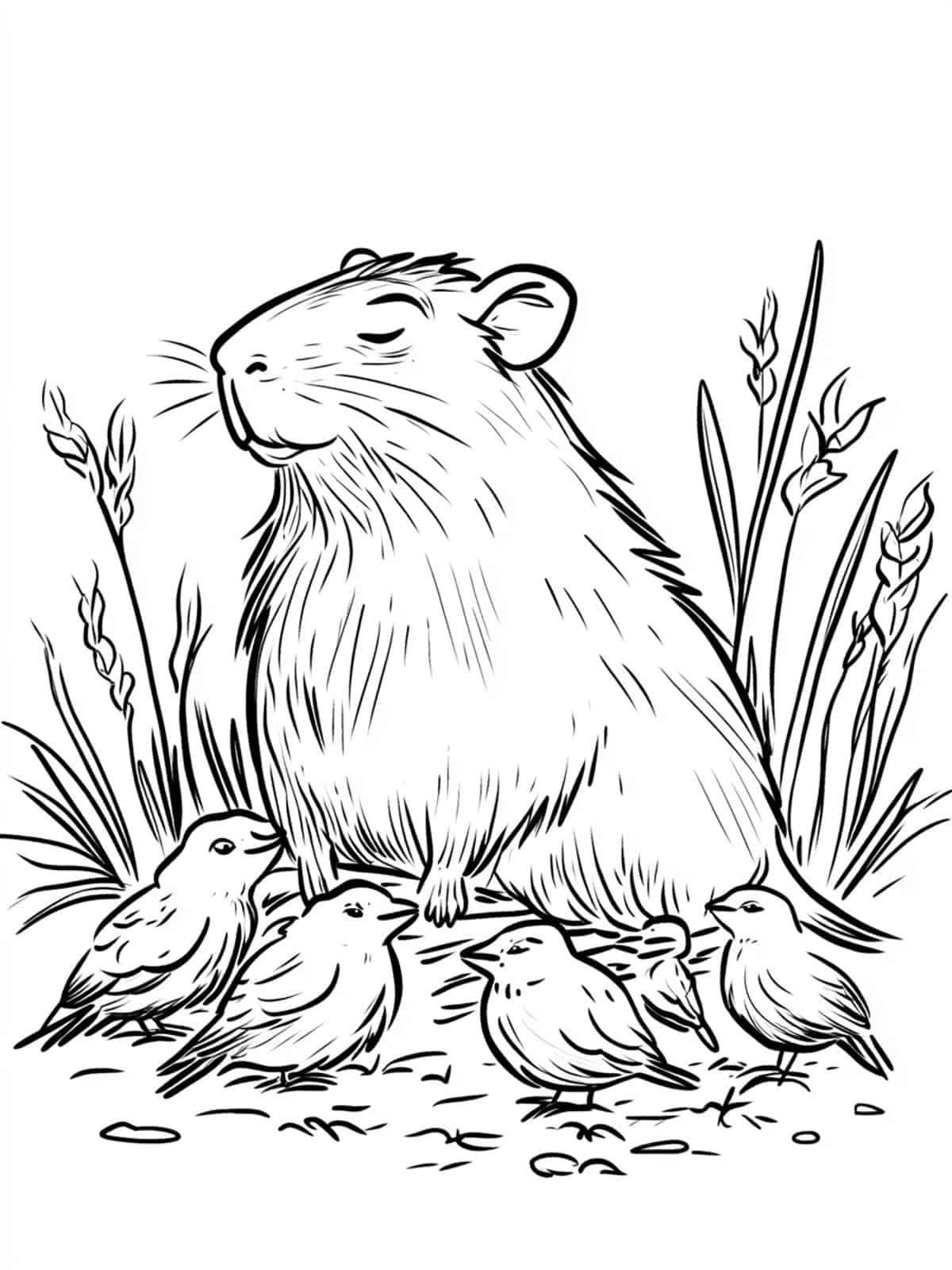 Capybara And The Birds Coloring Pages