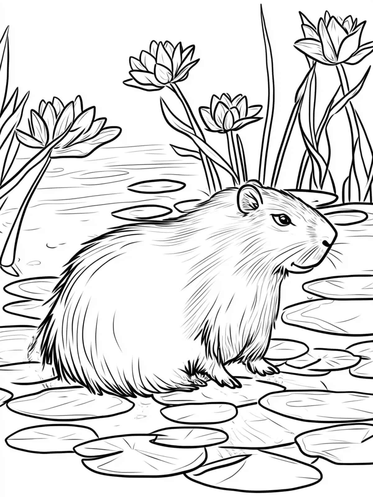 Capybara And The Lily Pads Coloring Page