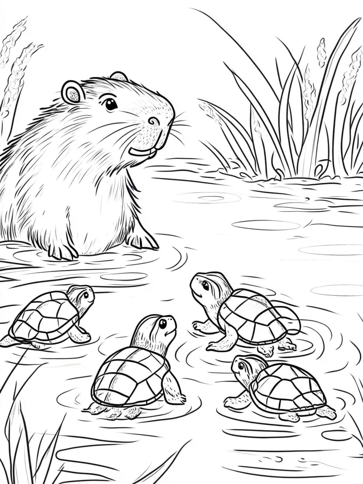 Capybara And The Turtles Coloring Page