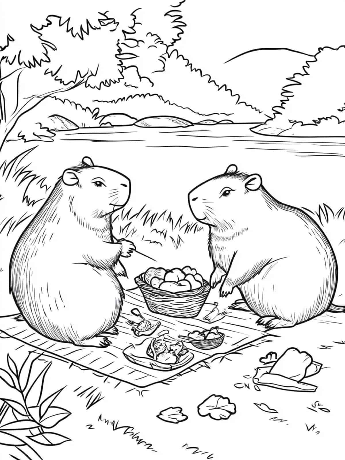 Capybara Family Picnic Coloring Pages