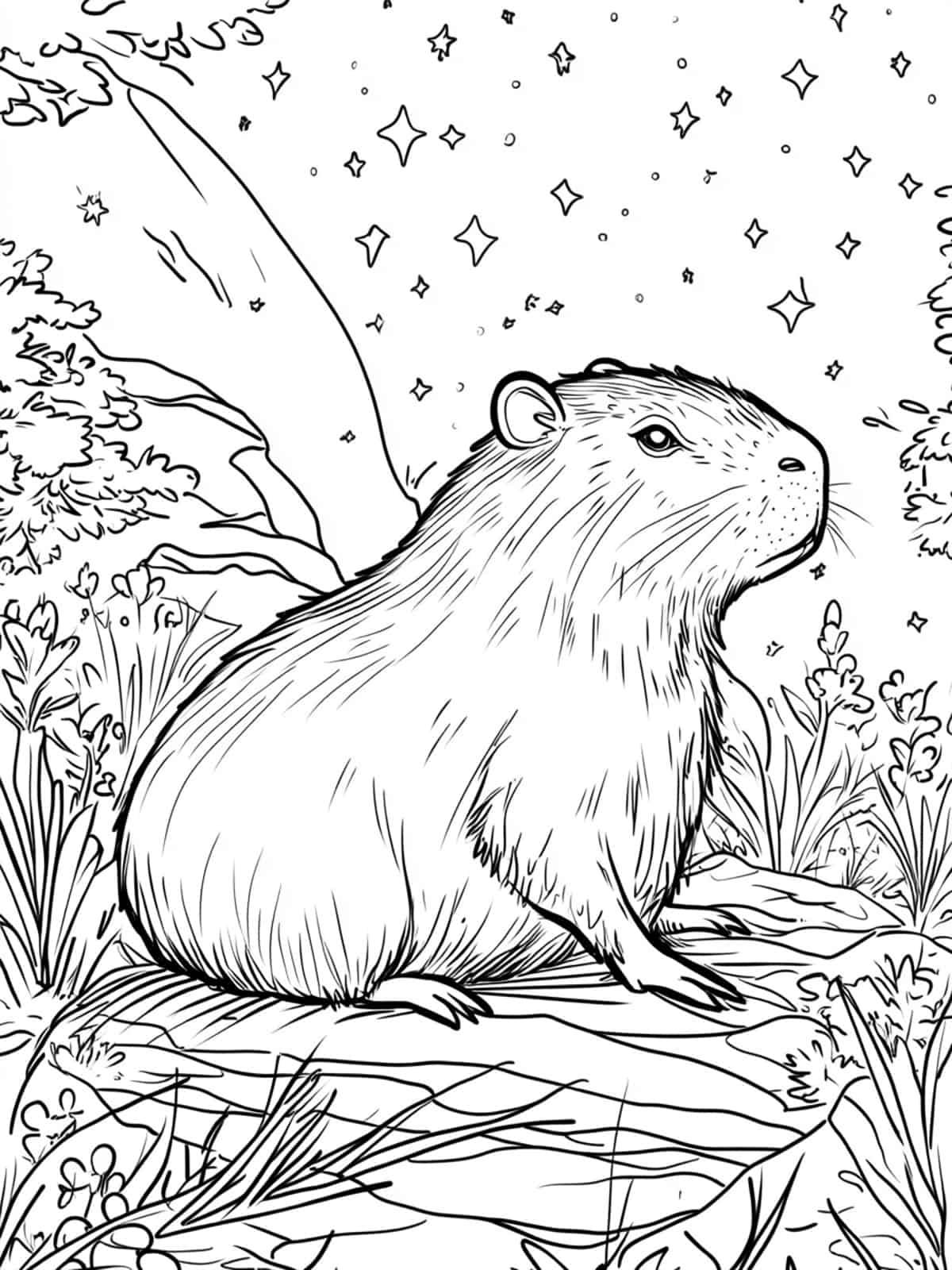 Capybara Under The Stars Coloring Pages