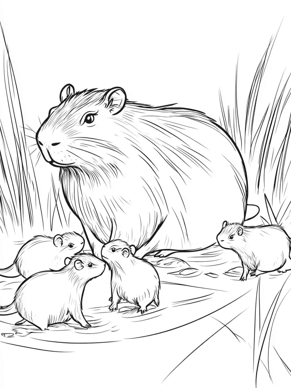 Capybara With Baby Capybaras Coloring Page