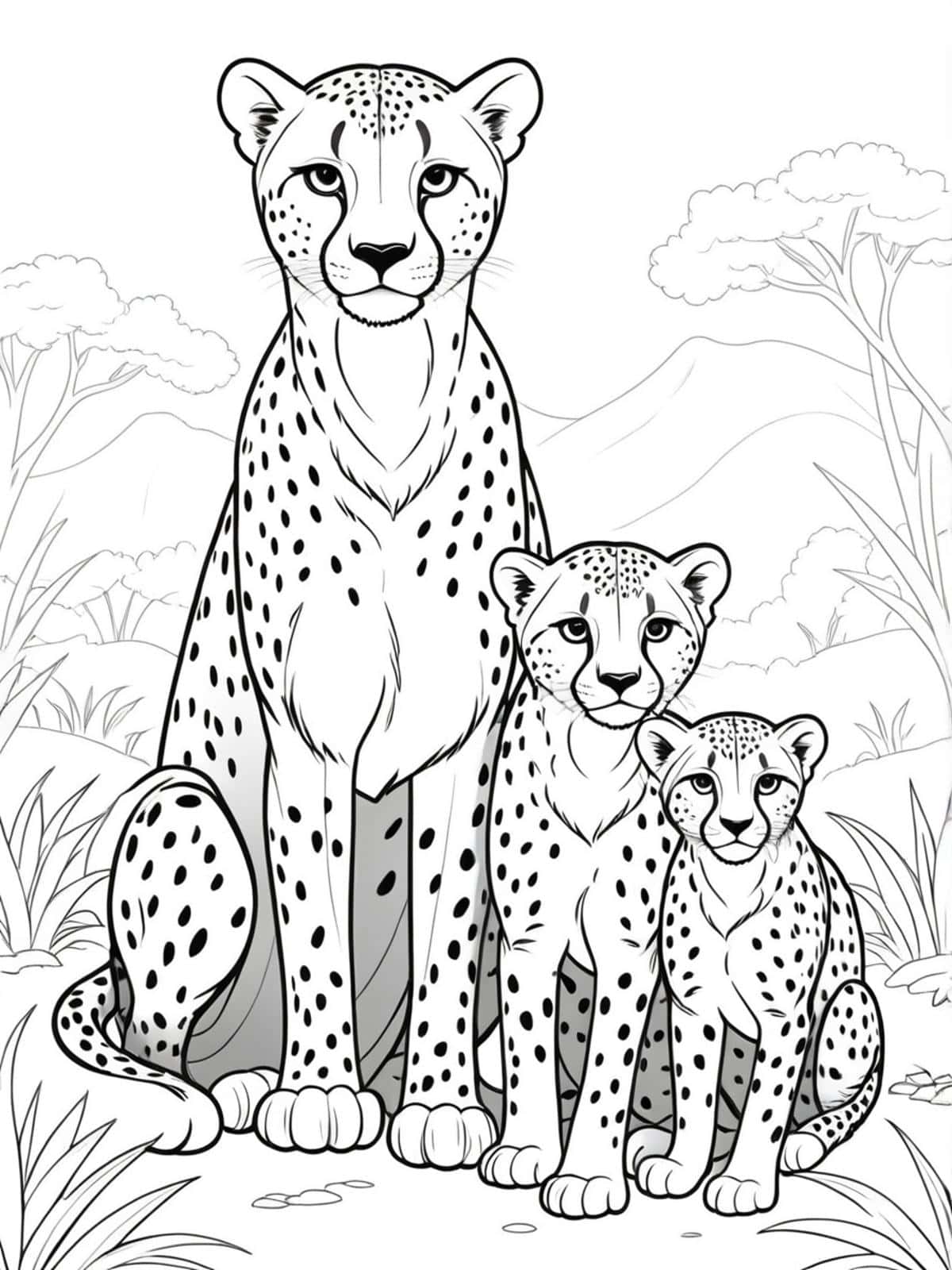 Cheetah Mother With Her Cubs Coloring Pages