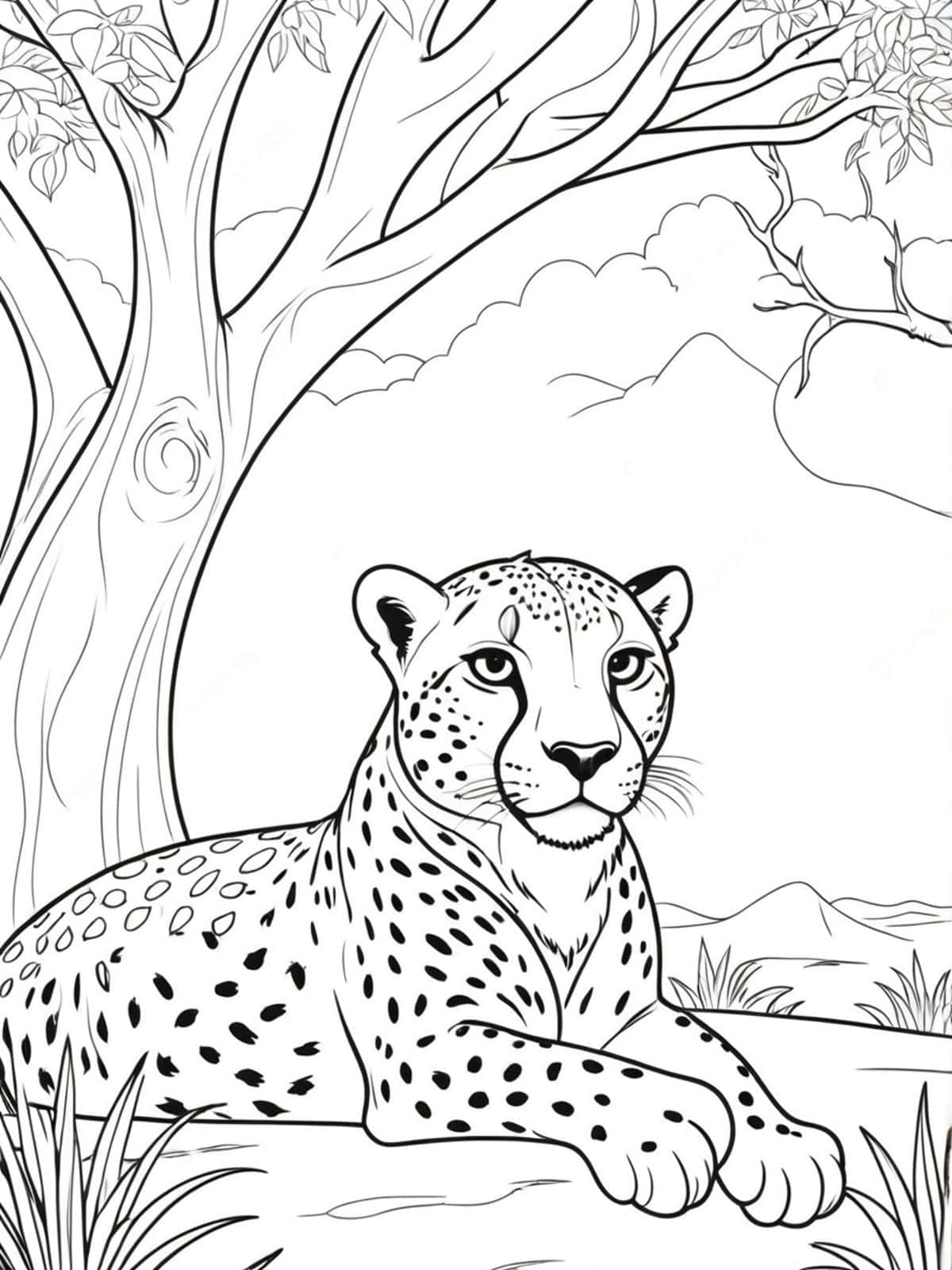 Cheetah Resting Under A Tree In The Savannah Coloring Pages