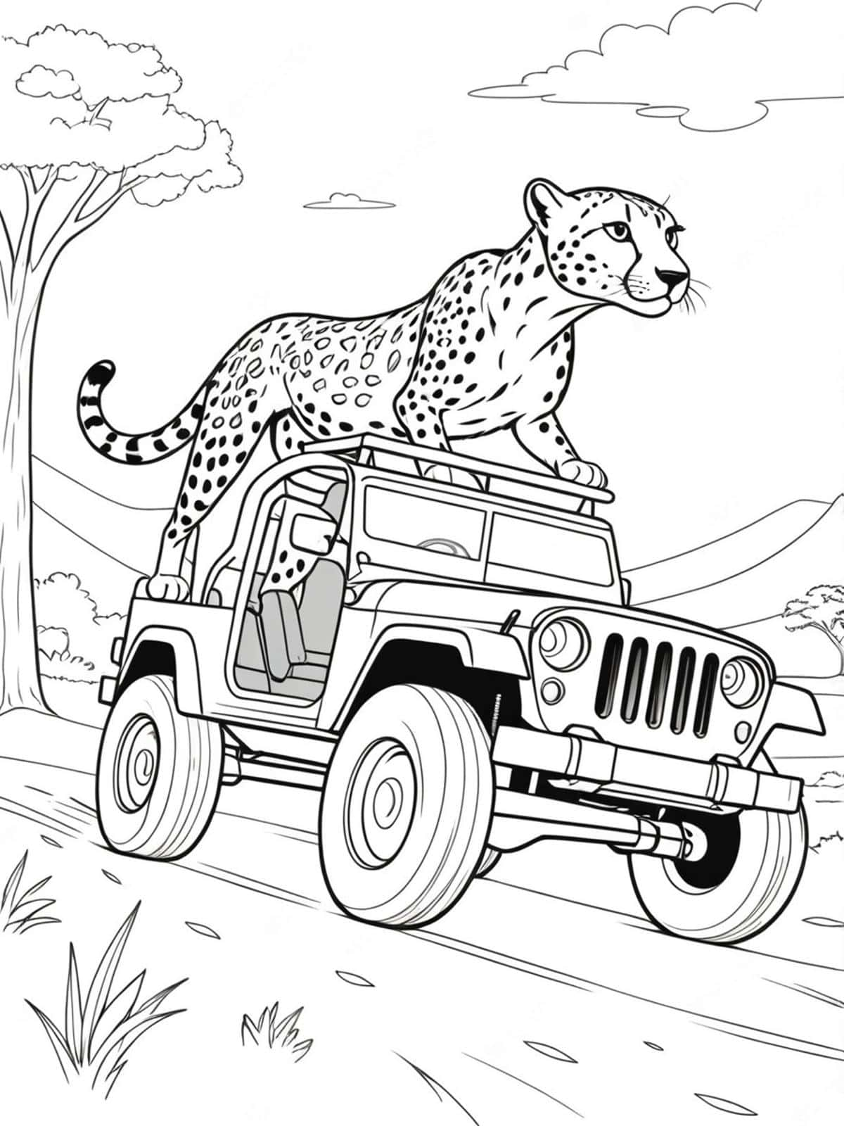 Cheetah Running Alongside A Jeep On Safari Coloring Pages