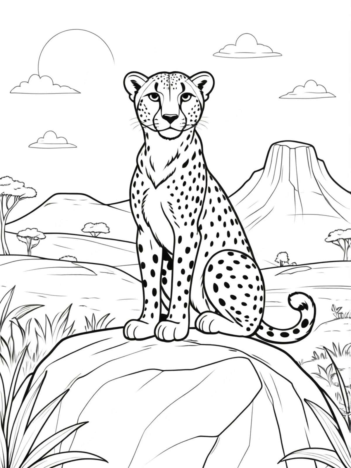 Cheetah Sitting On A Rock Overlooking The Plains Coloring Pages