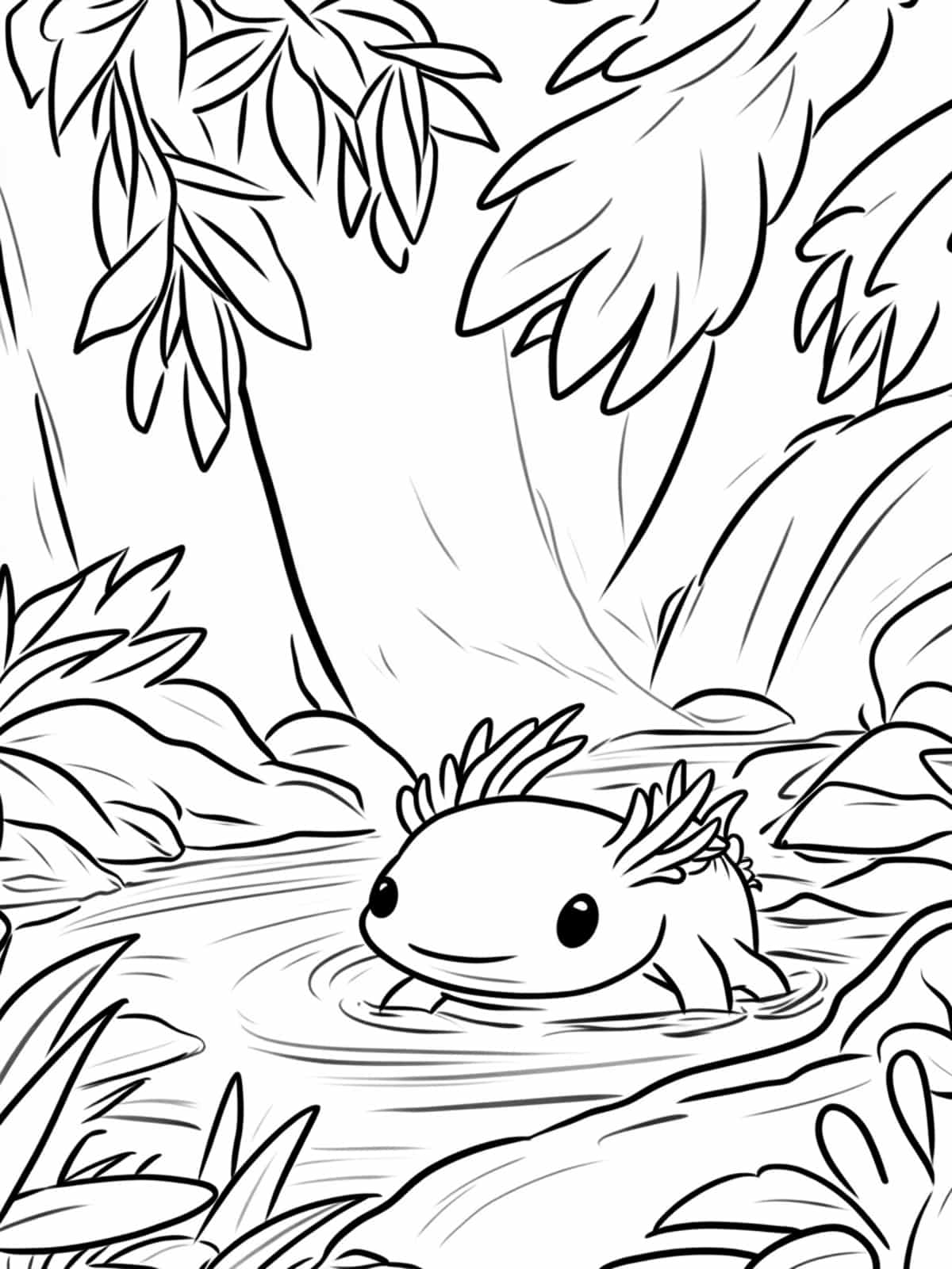 Chibi Axolotl In A Forest Stream Coloring Page