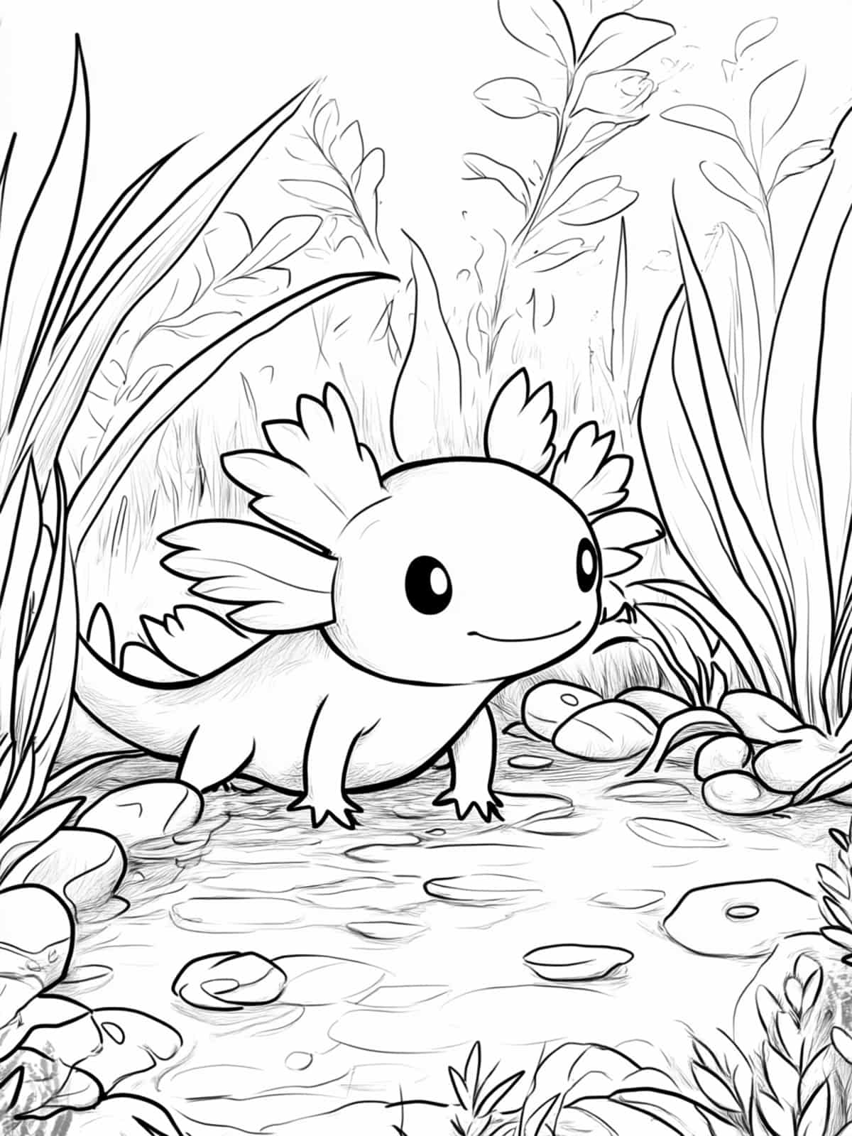 Chibi Axolotl In A Magical Pond Coloring Page For Kids