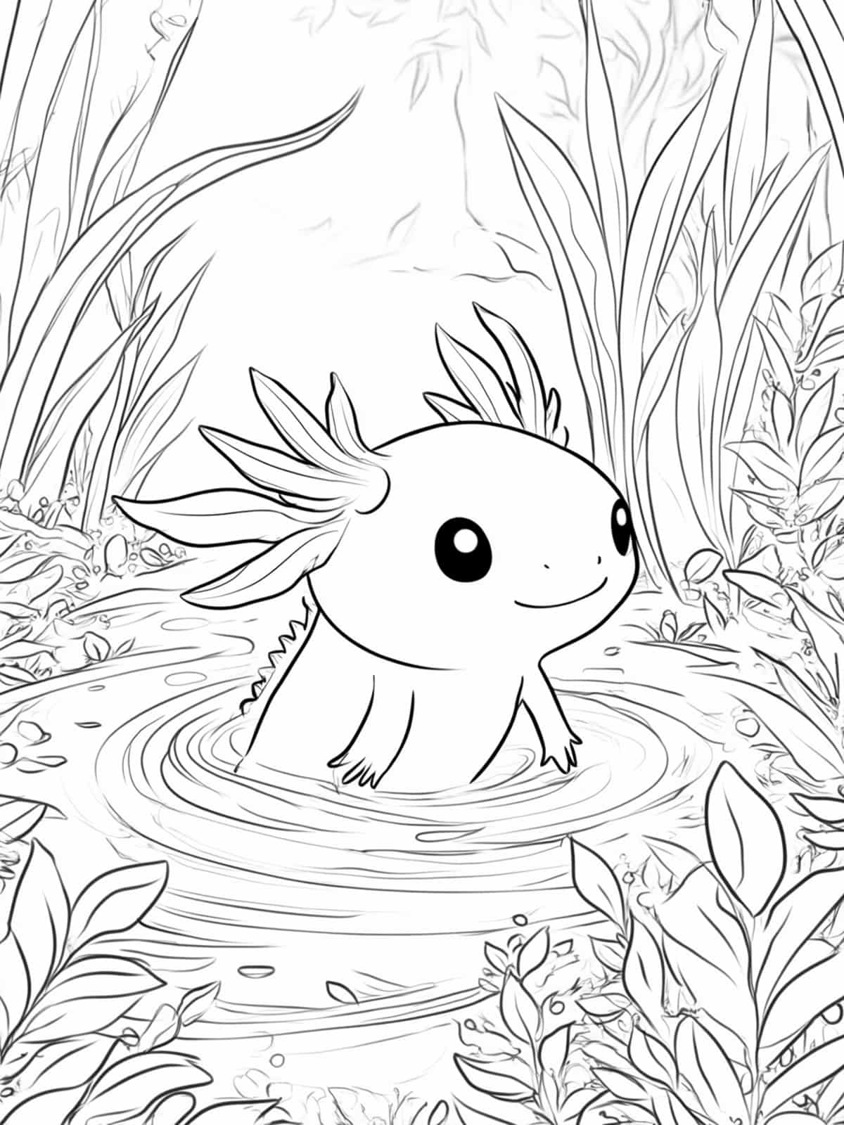 Chibi Axolotl In A Magical Pond Coloring Page