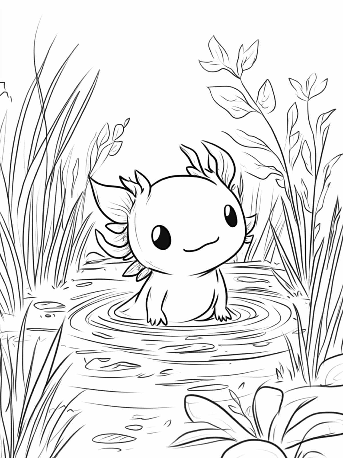 Chibi Axolotl In A Magical Pond Coloring Pages