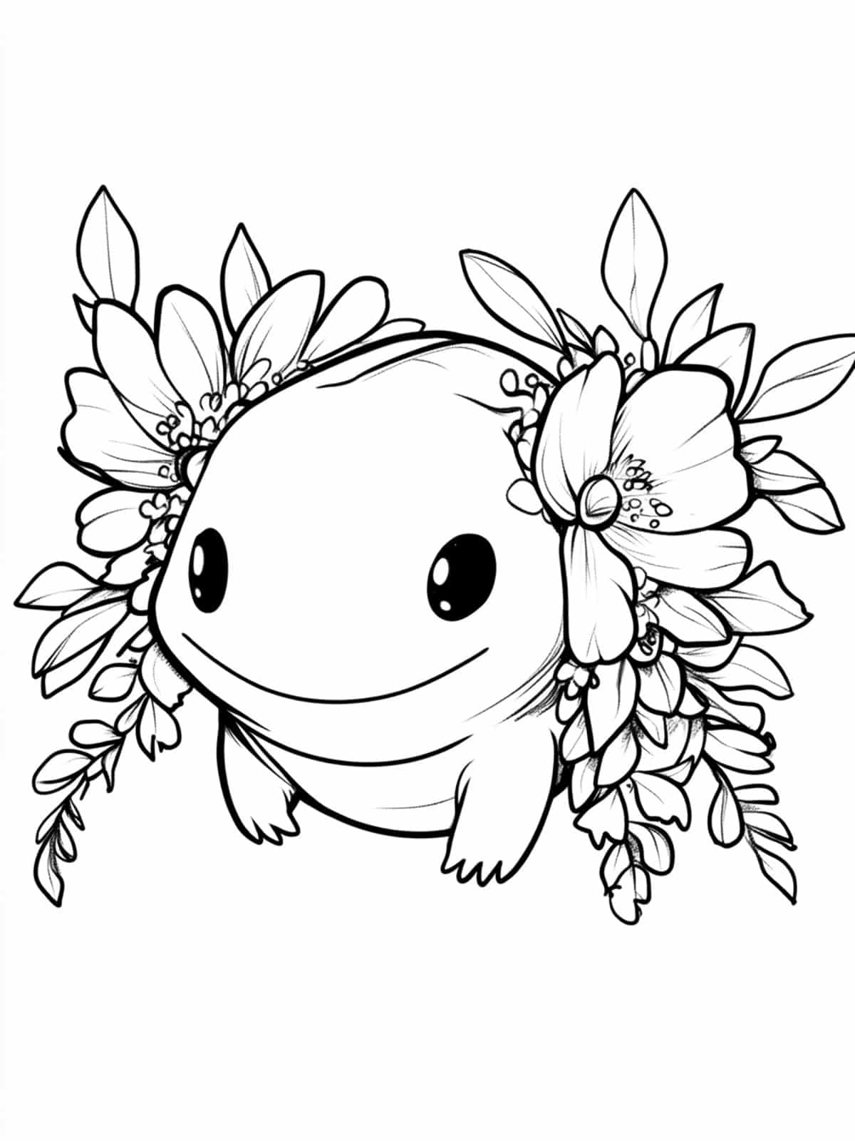 Chibi Axolotl With Flowers Coloring Page