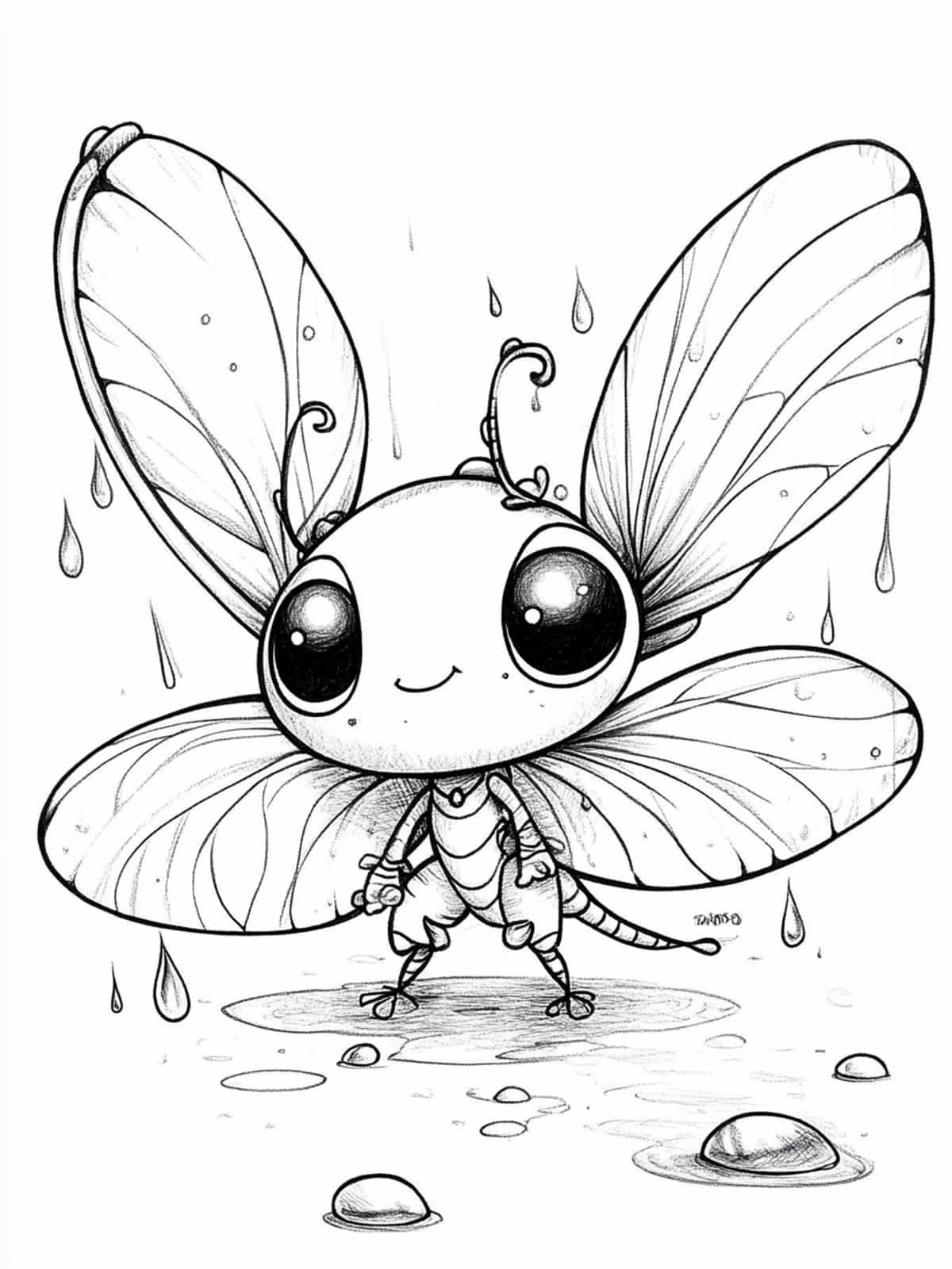 Chibi Dragonfly With Raindrops Coloring Pages