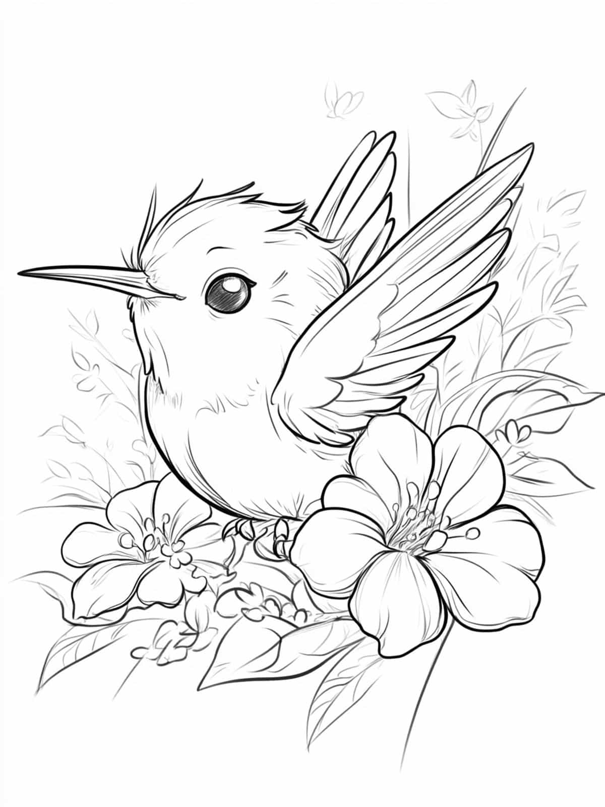 Chibi Hummingbird And Tropical Flowers Coloring Page