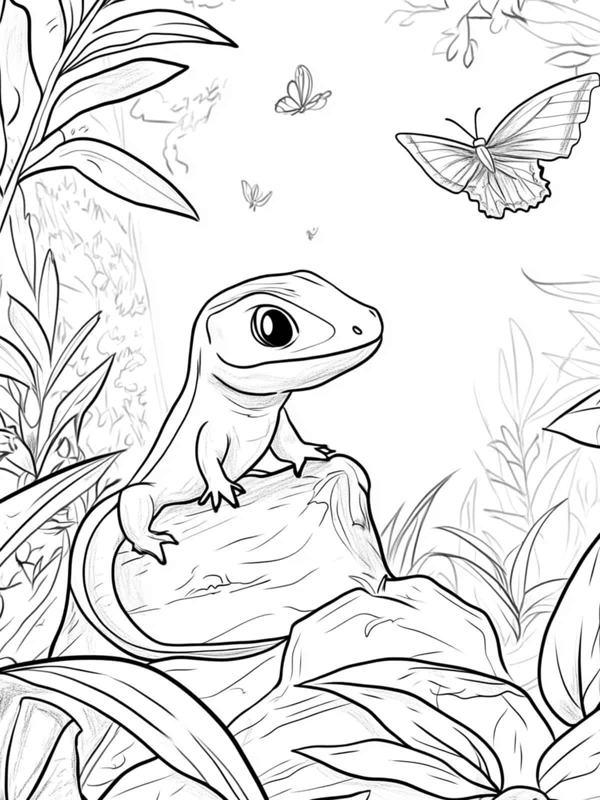 Chibi Lizard And Butterflies Coloring Pages