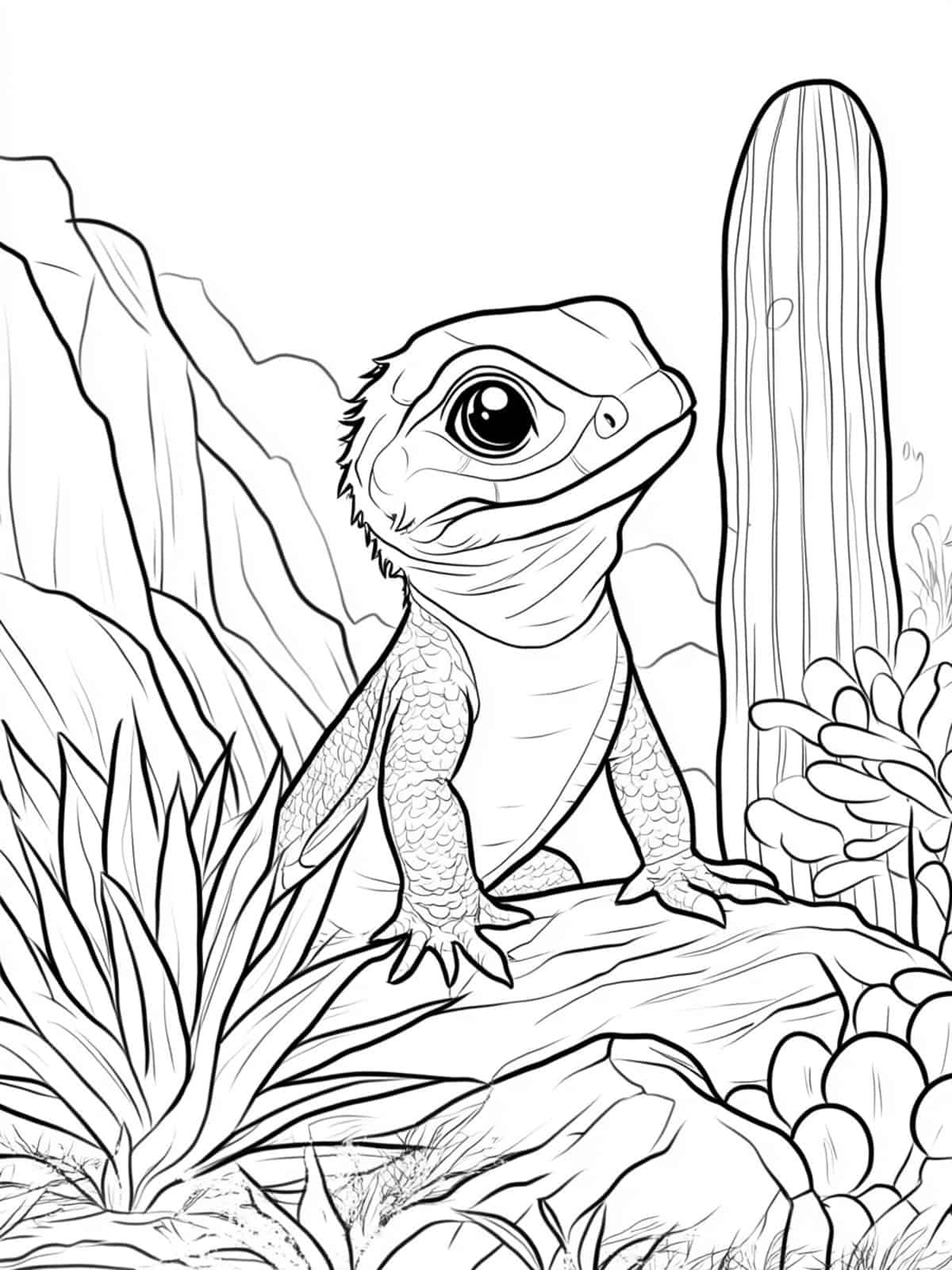 Chibi Lizard And Cactus Coloring Page