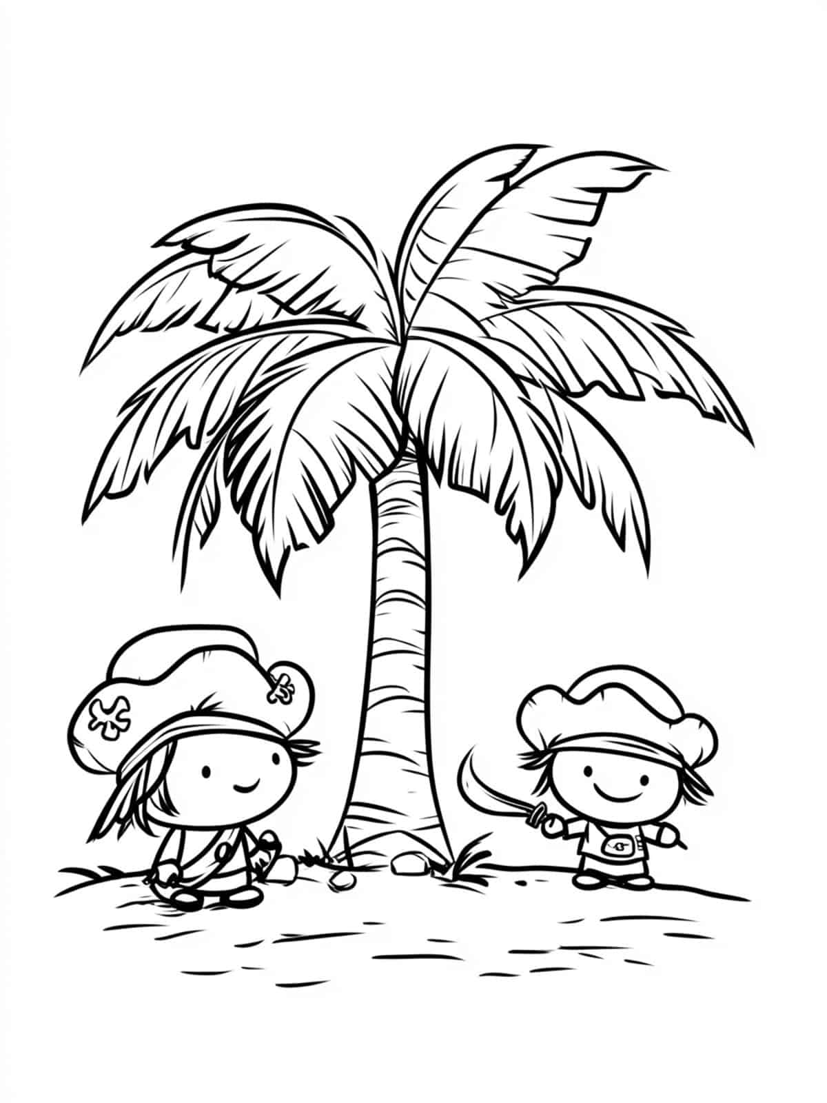 Chibi Pirates Near A Palm Tree On A Treasure Island Coloring Pages