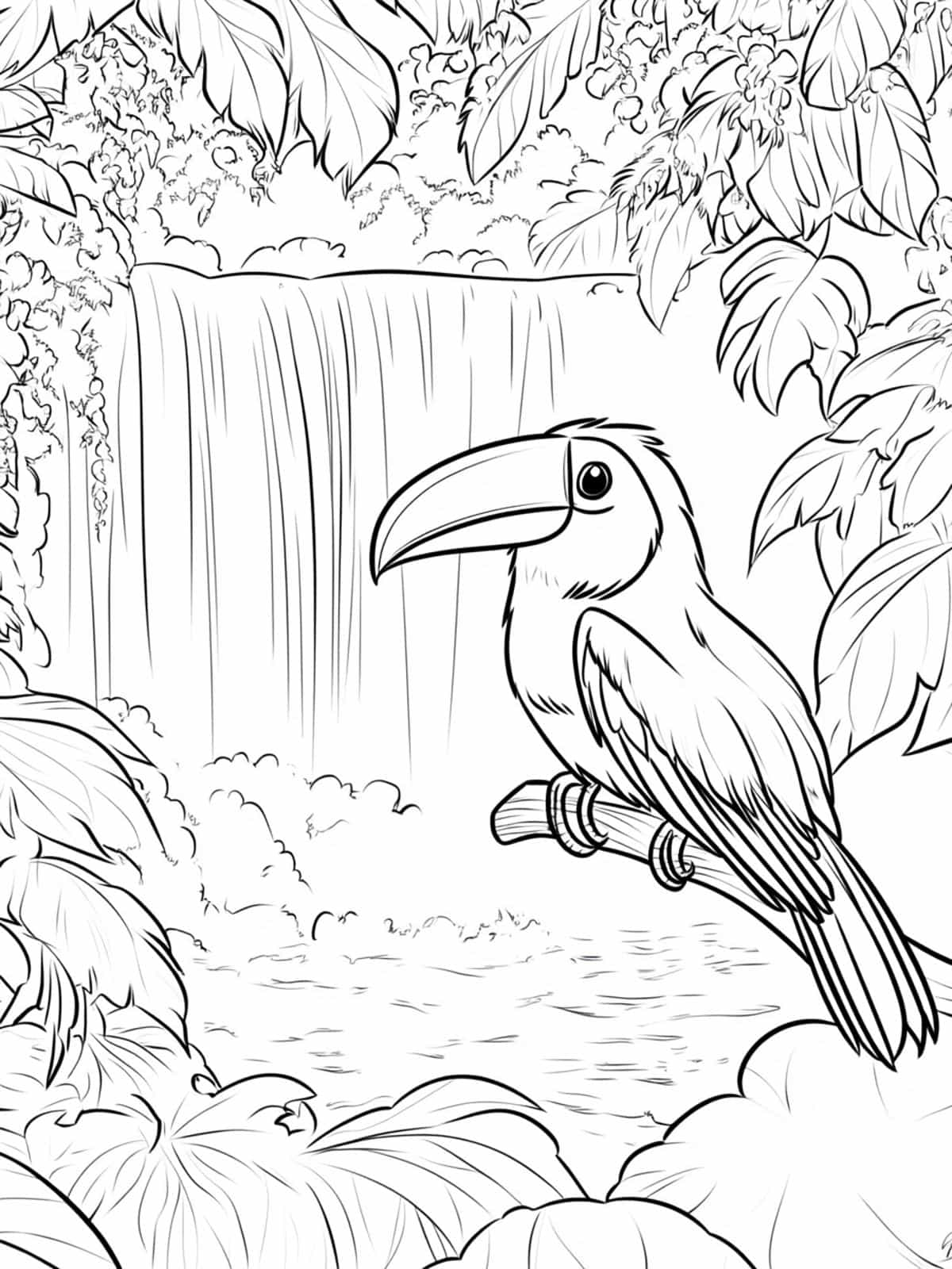 Chibi Toucan And A Waterfall Coloring Pages