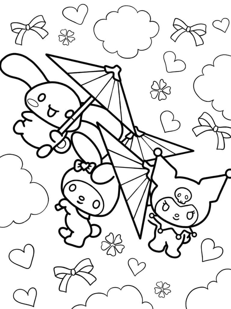 Cinnamoroll My Melody And Kuromi In The Sky With Wagasa Coloring Pages