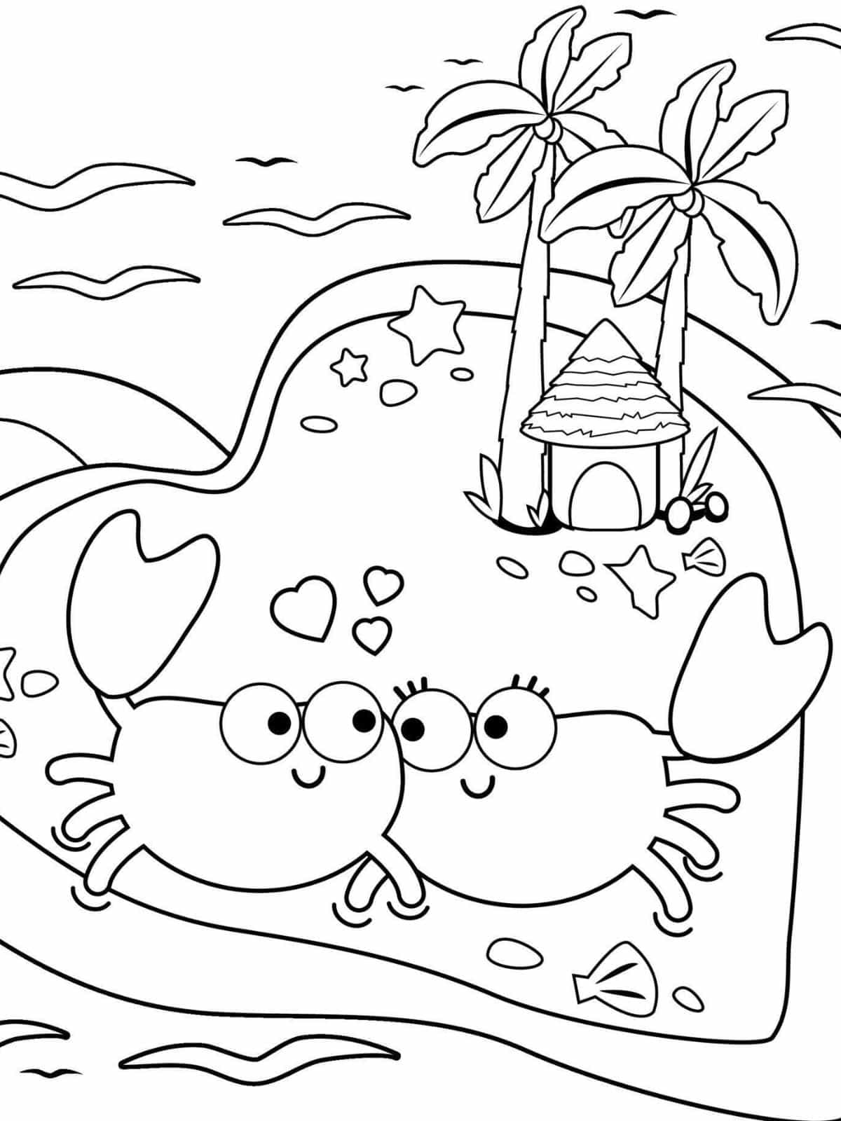 Crabs Walking On The Beach In A Beautiful Heart Shaped Island Coloring Pages