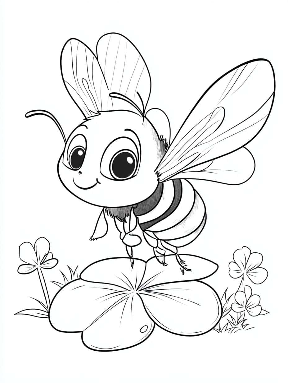 Cute Bee And Clover Leaf Coloring Pages