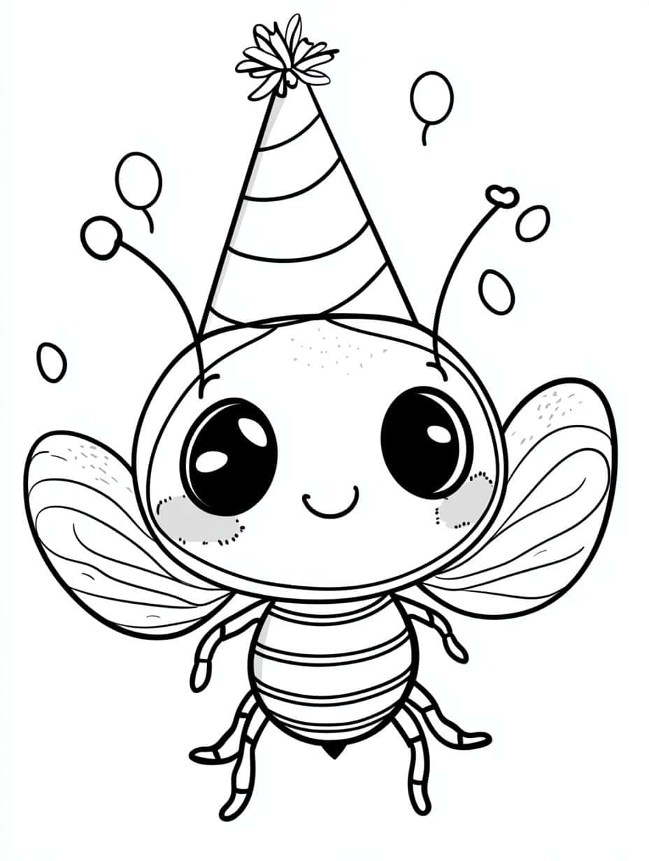 Cute Bee Wearing A Party Hat Coloring Pages