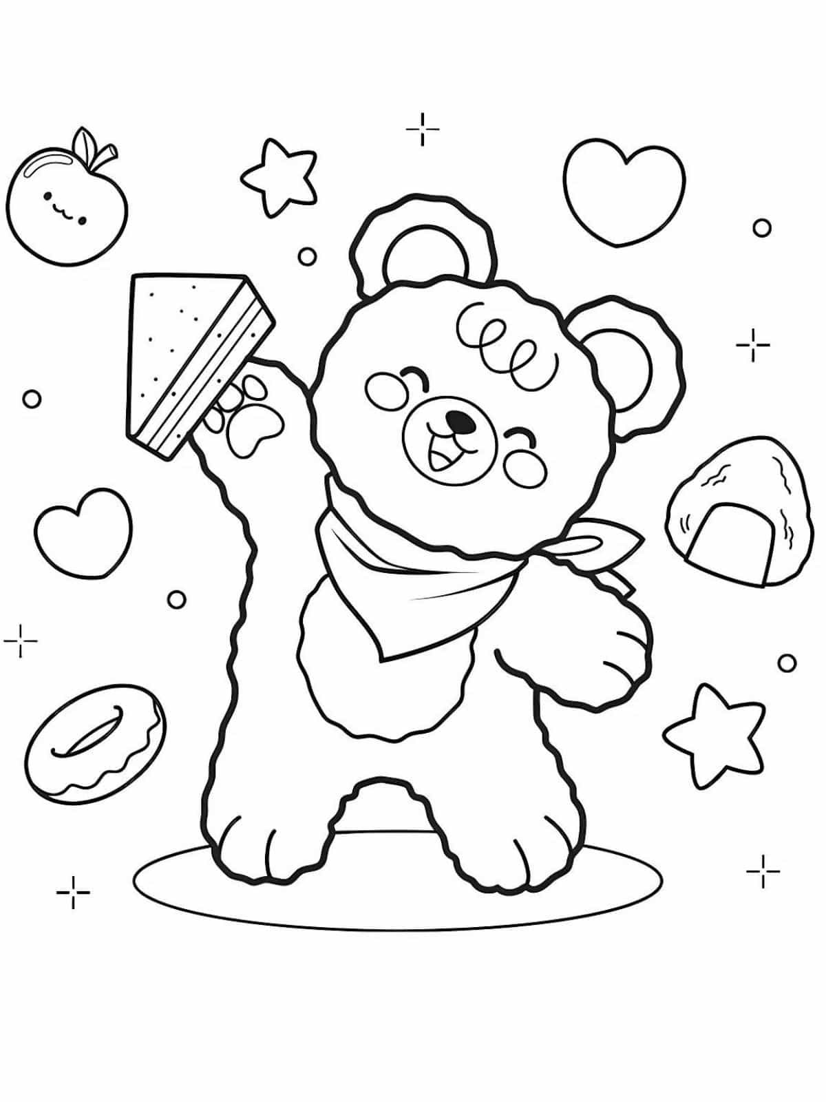 Cute Kawaii Bear With Cake Coloring Pages