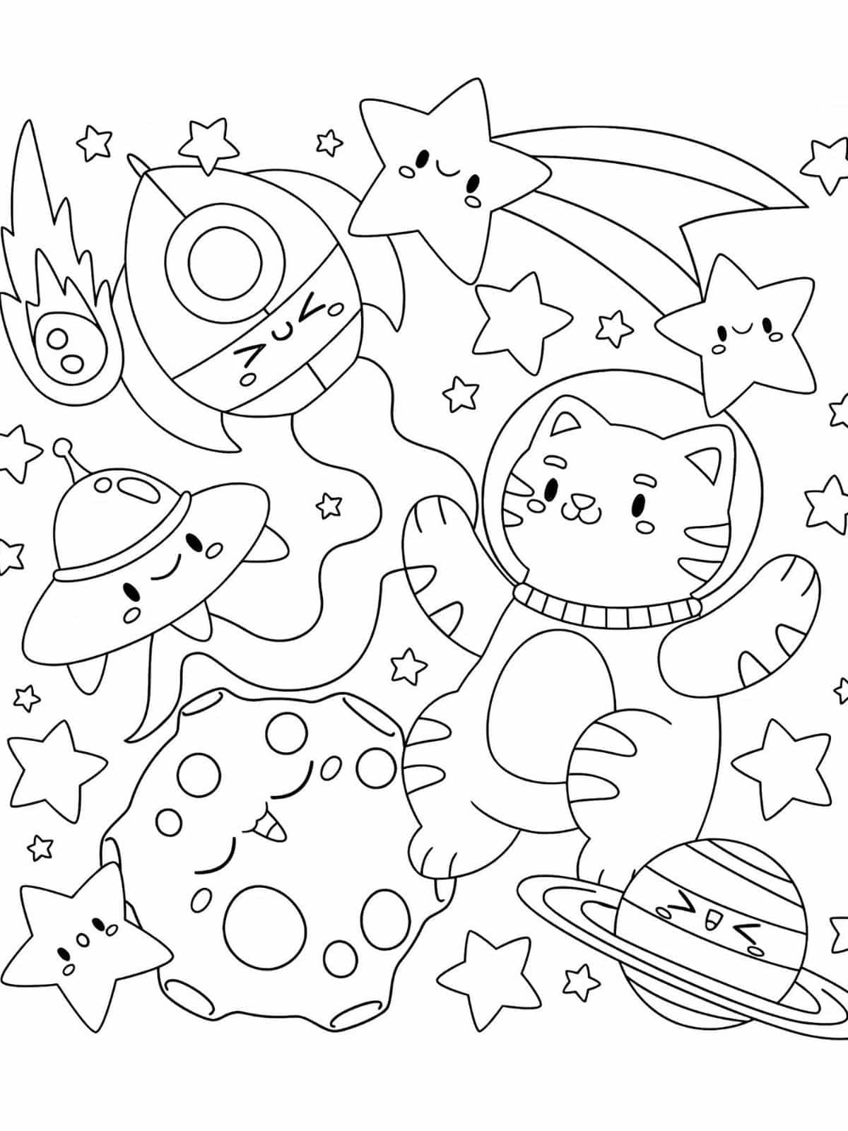 Cute Kawaii Cat In Universe Coloring Pages