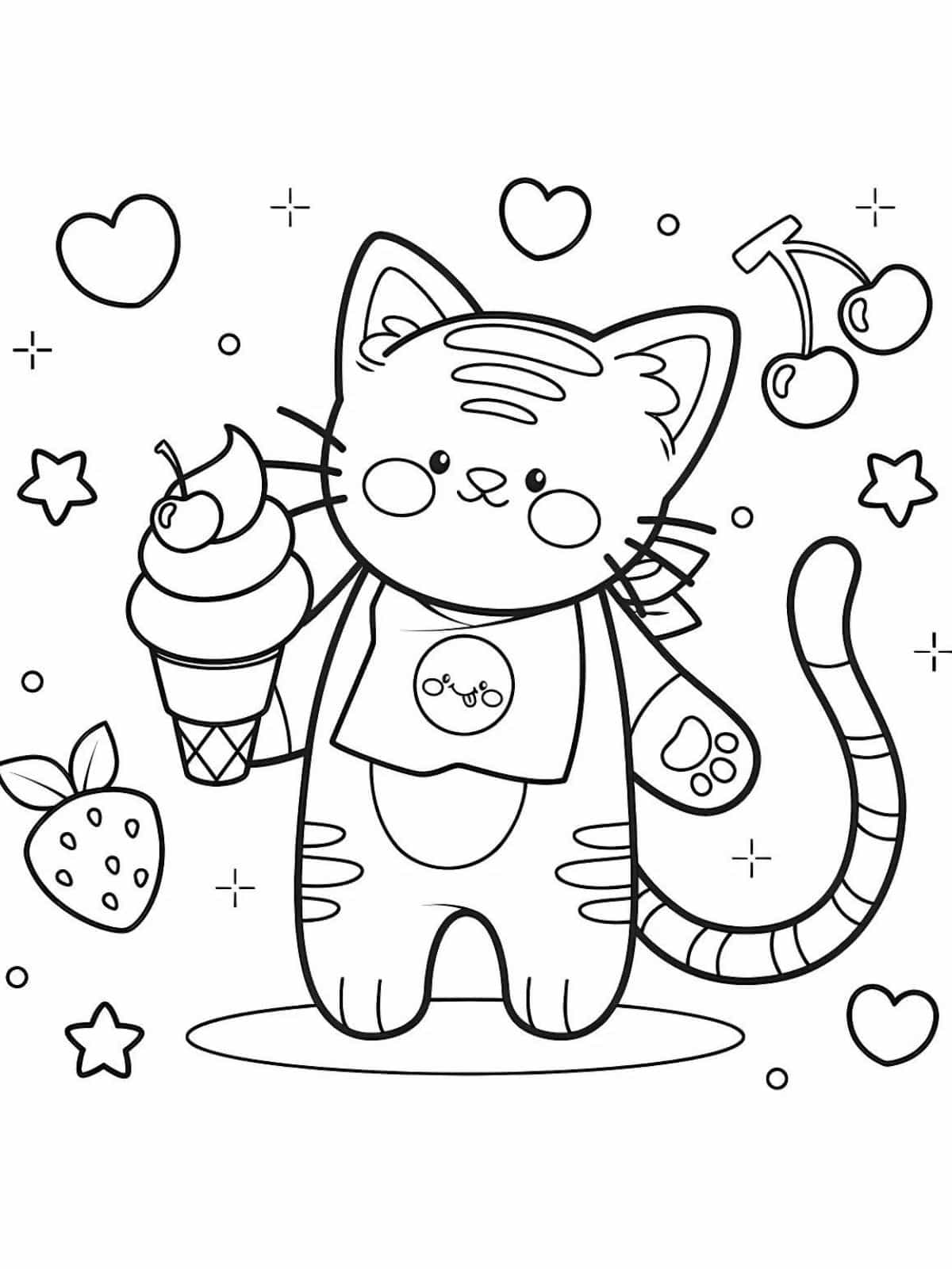 Cute Kawaii Cat With Ice Cream Coloring Pages