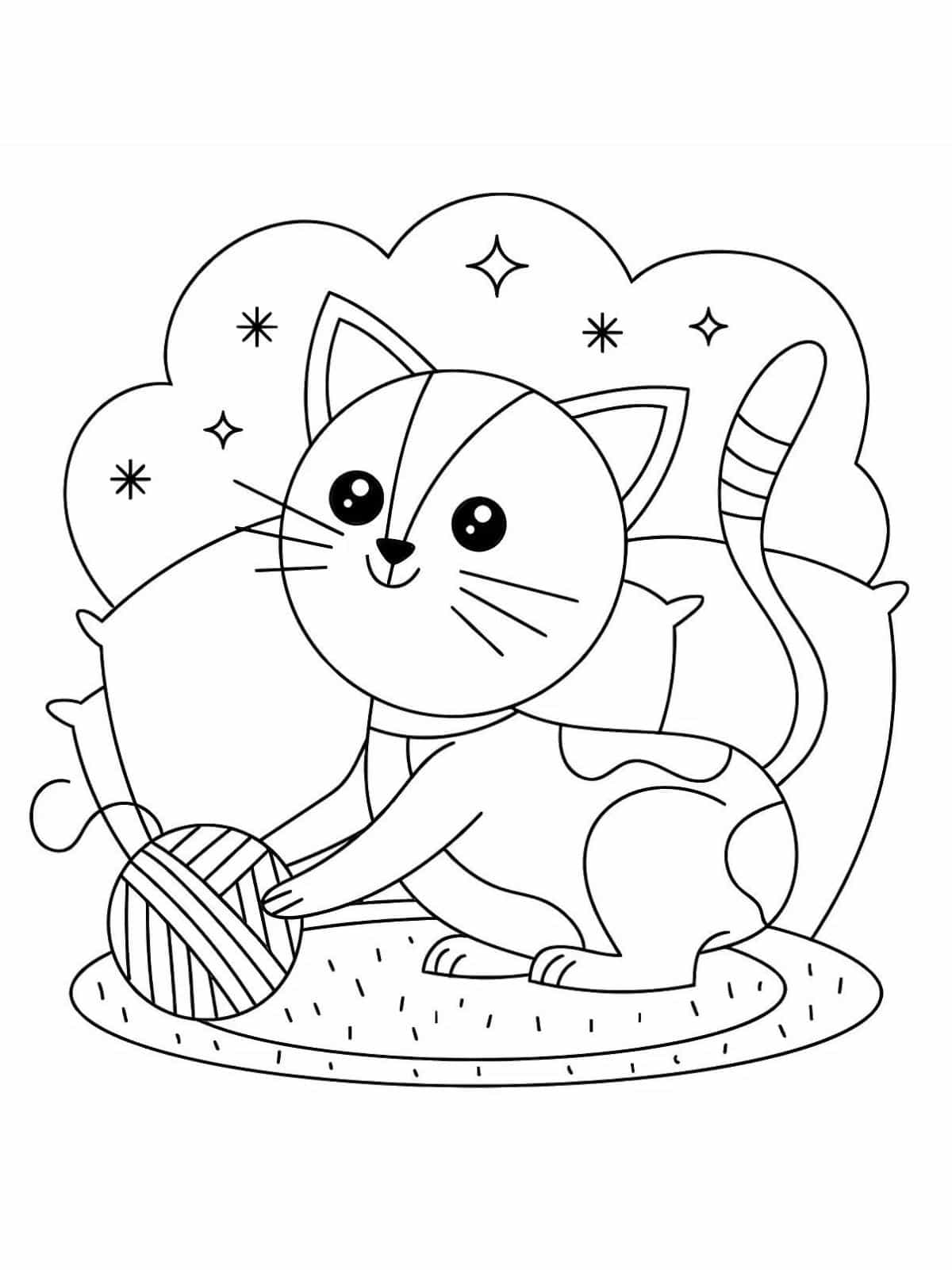 Cute Kawaii Cat With Yarn Coloring Pages