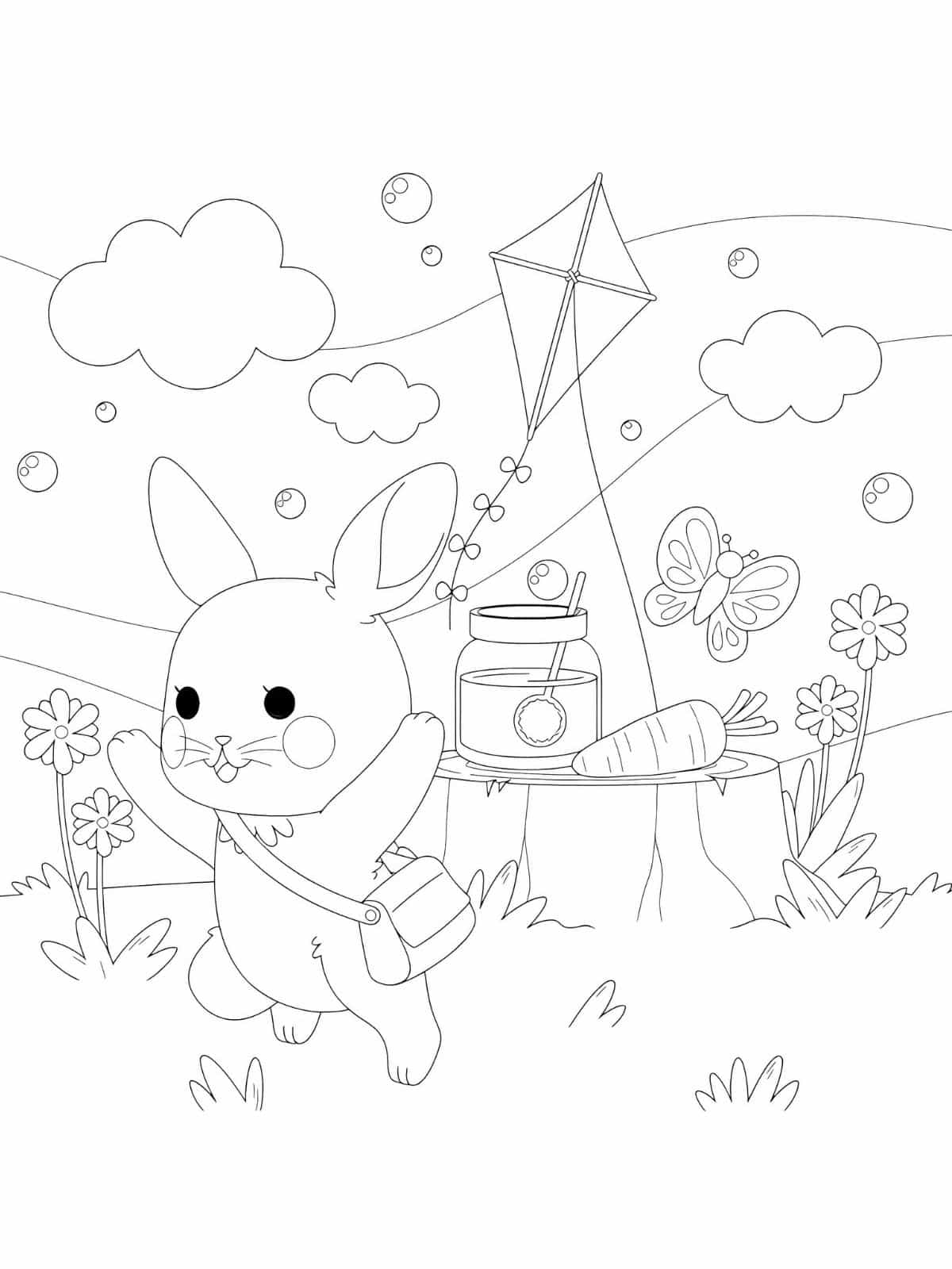 Cute Kawaii Rabbit Go To Picnic Coloring Pages