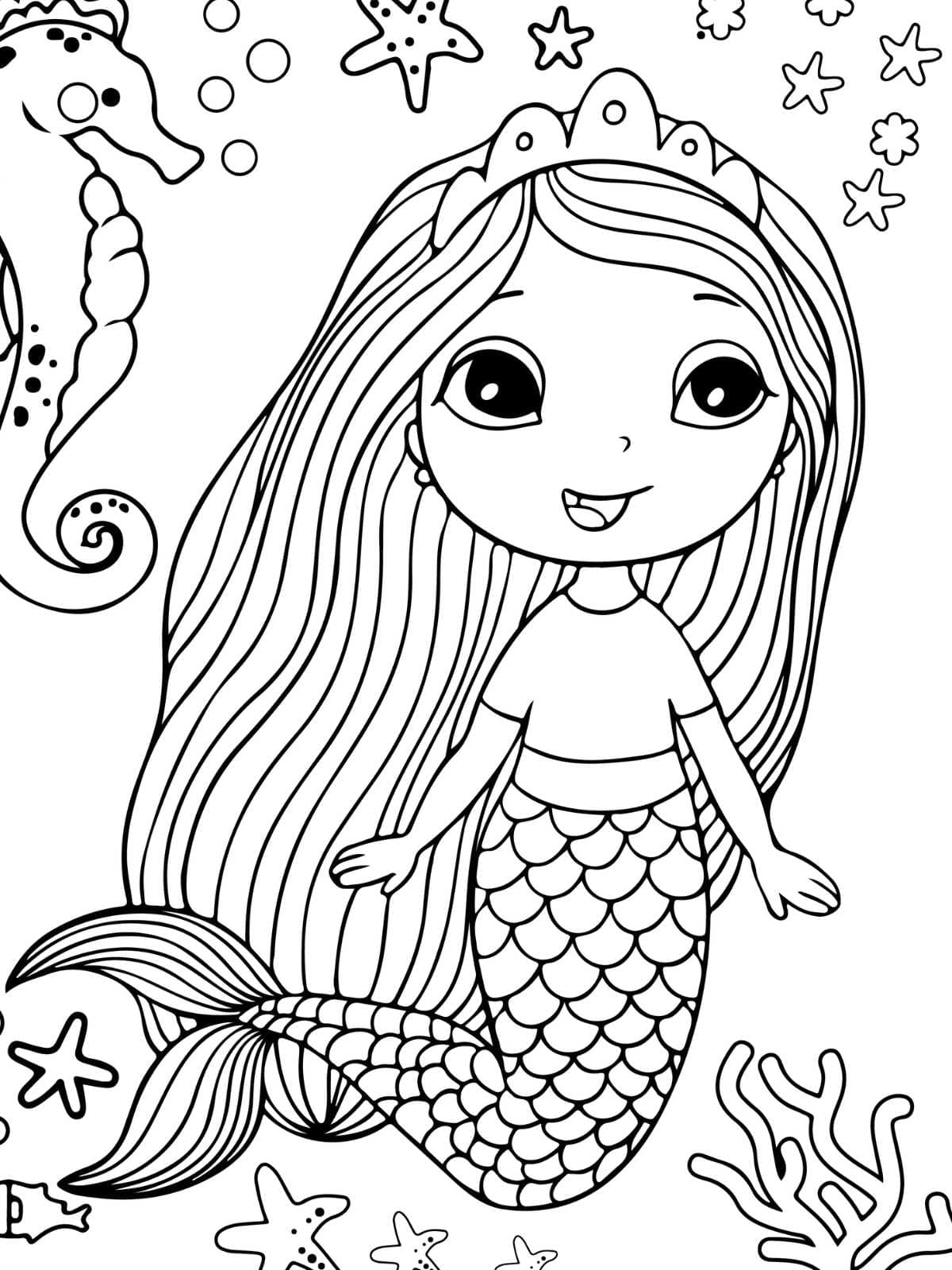 Cute Mermaid With Sea Horse Coloring Page