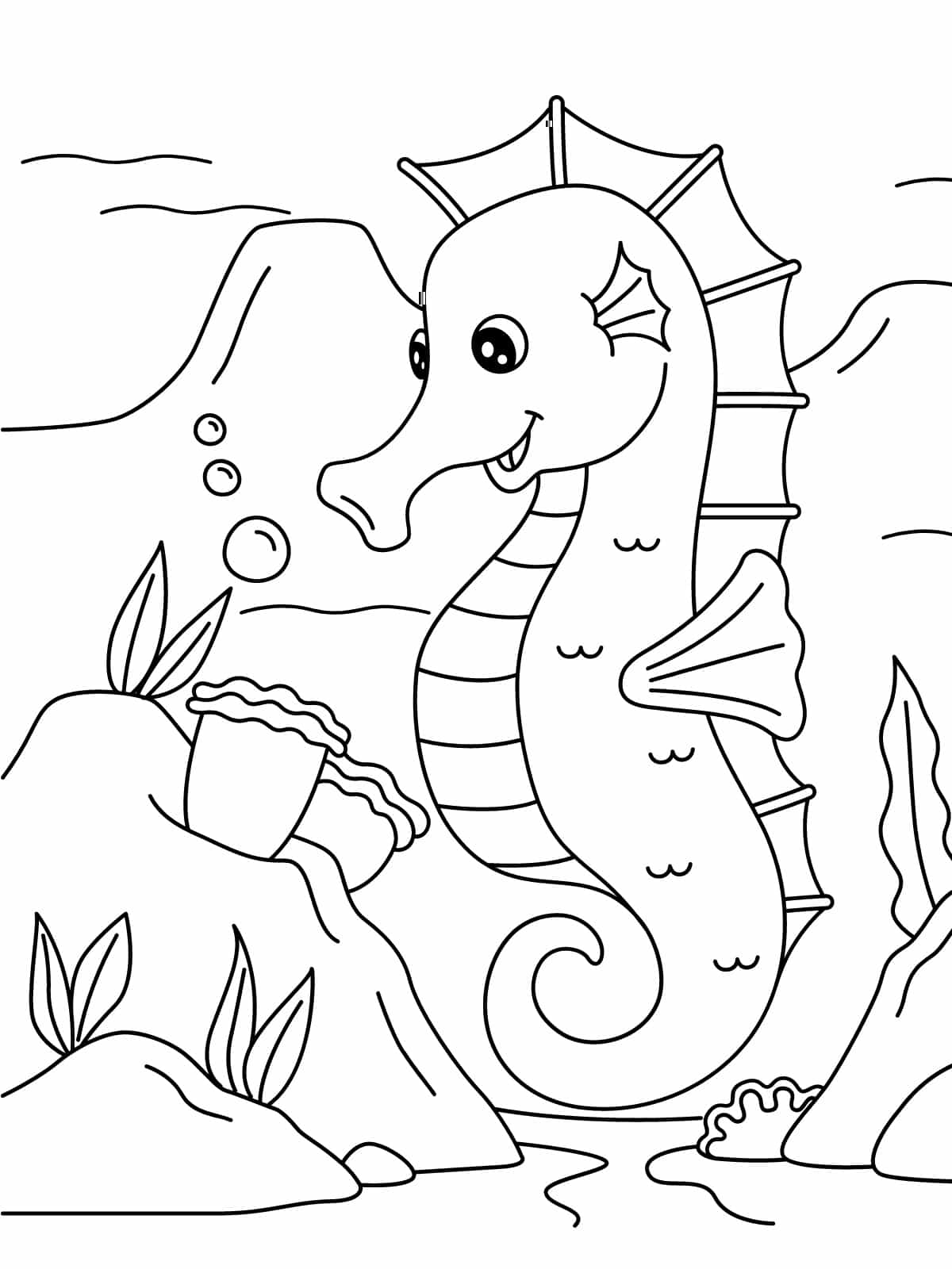 Cute Seahorse And Seaweed Coloring Pages