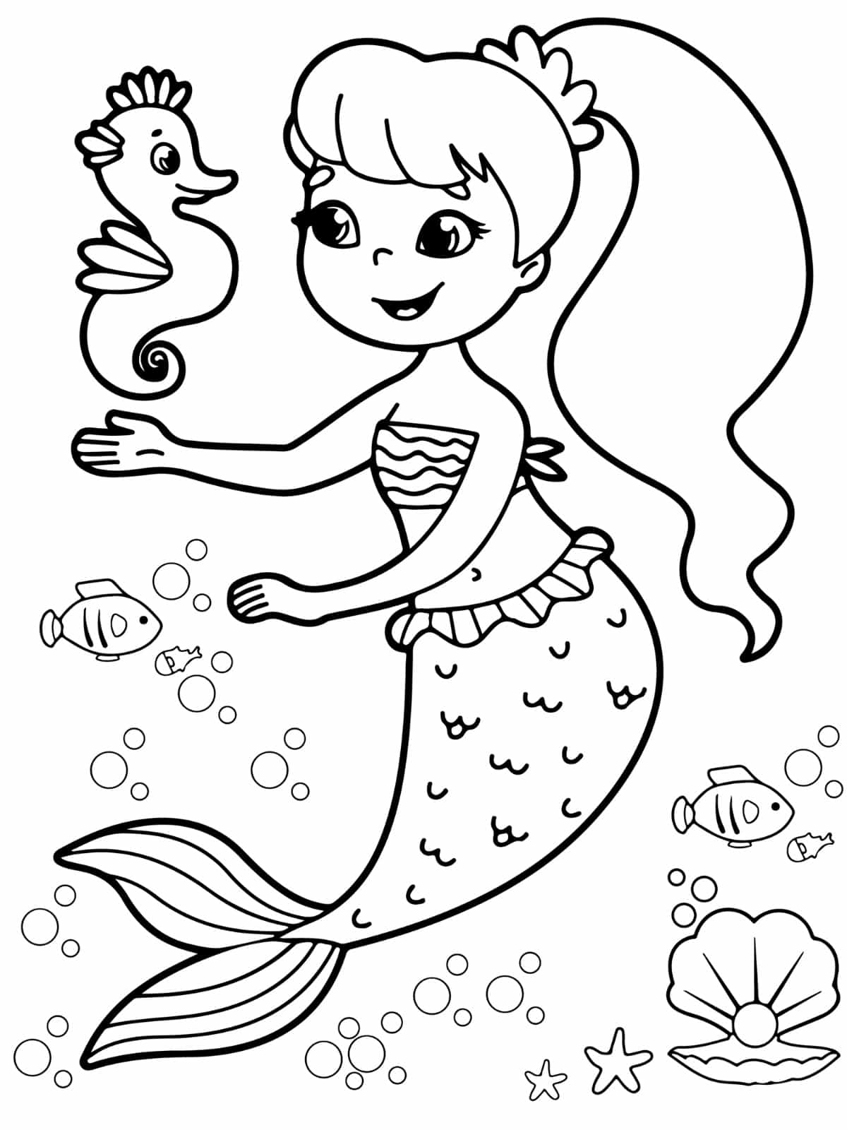 Cute Seahorse With Mermaid Coloring Sheets