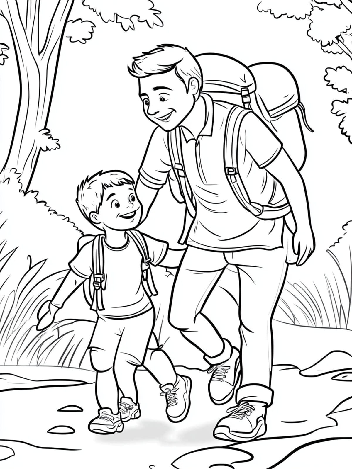 Dads And Kids In Outdoor Settings Such As Camping Coloring Page