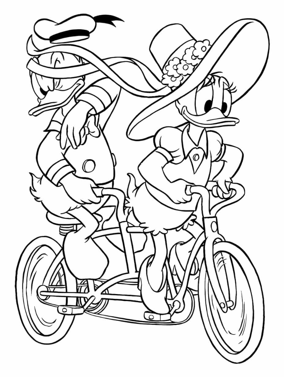 Donald Duck With Daisy Duck Riding Bike Coloring Pages