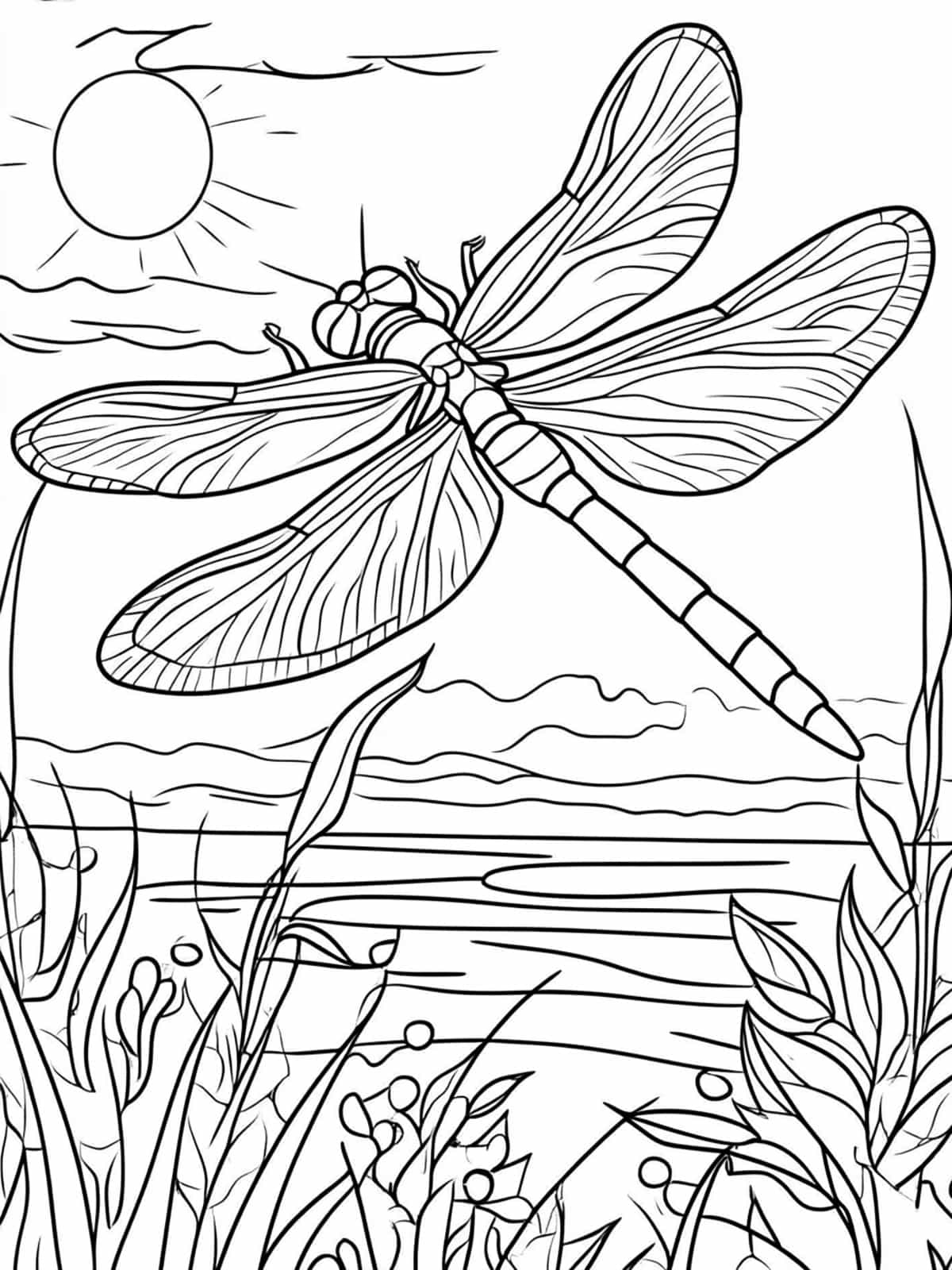 Dragonfly And Sunset Coloring Pages