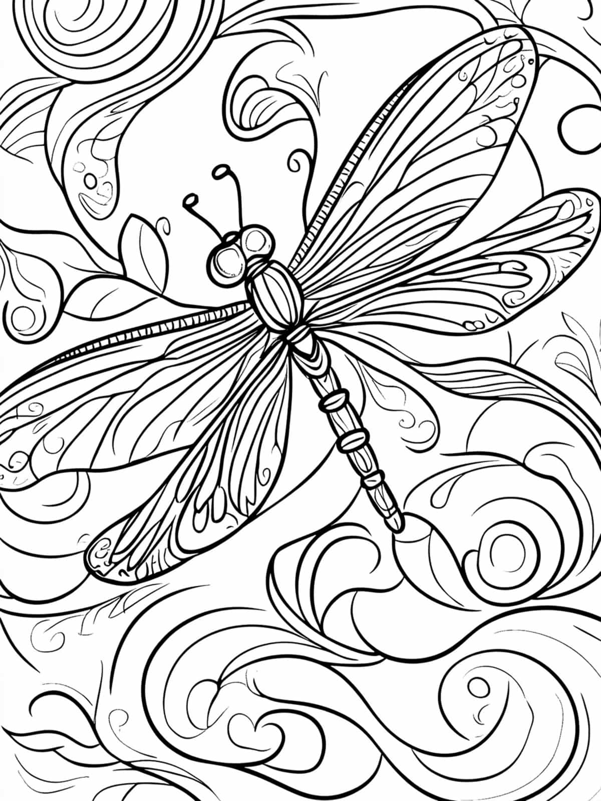 Dragonfly And Swirling Clouds Coloring Pages