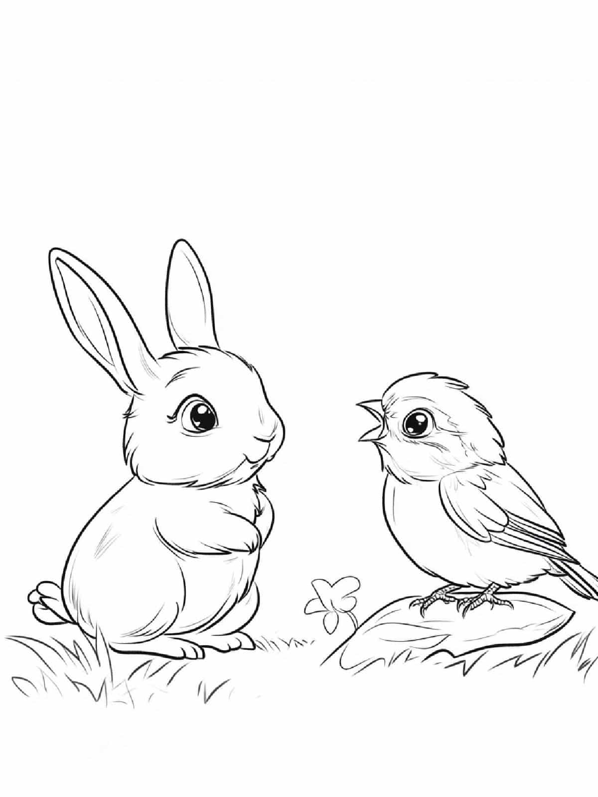 Easy Rabbit With Bird Coloring Pages For Toddlers