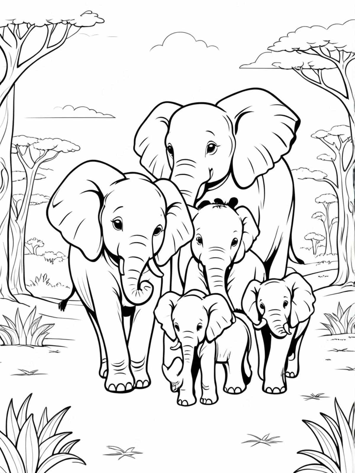 Elephant Family Walking Through The Savannah Coloring Pages