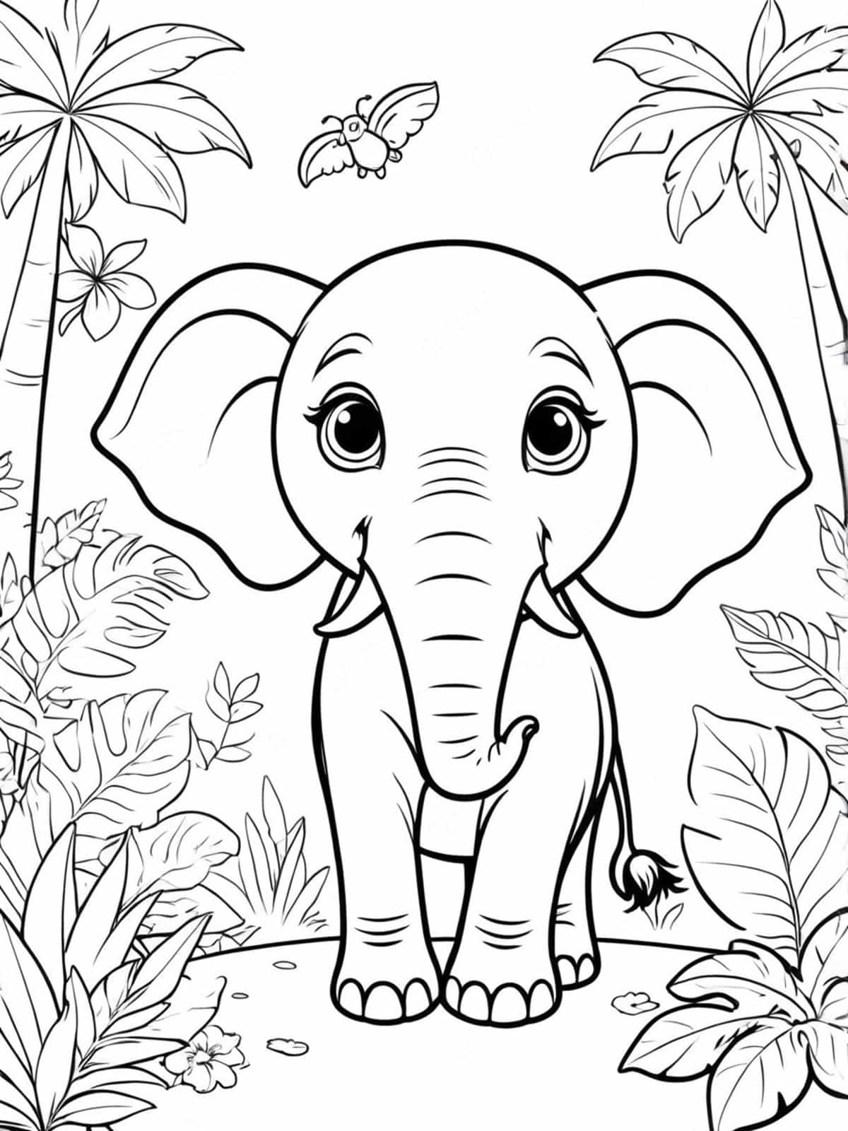 Elephant Surrounded By Tropical Plants Coloring Pages