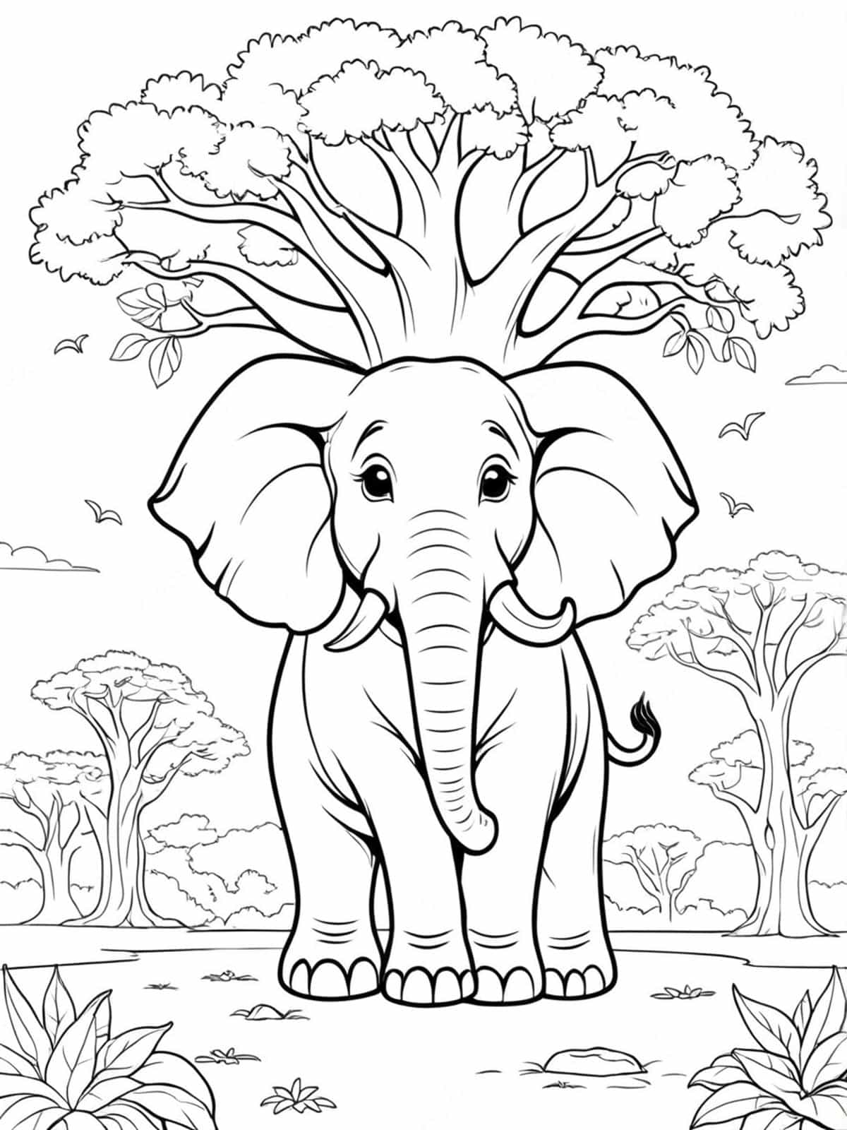 Elephant Under A Large Baobab Tree Coloring Pages