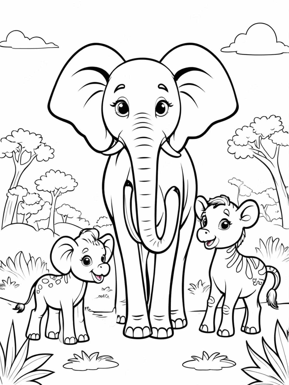 Elephant With African Wildlife Zebra Giraffe Coloring Pages