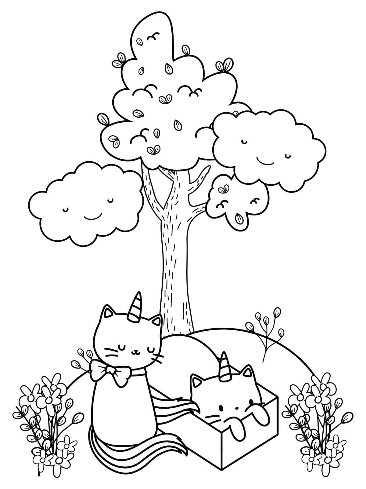 Fairy Cat Unicorn In Forest Coloring Page