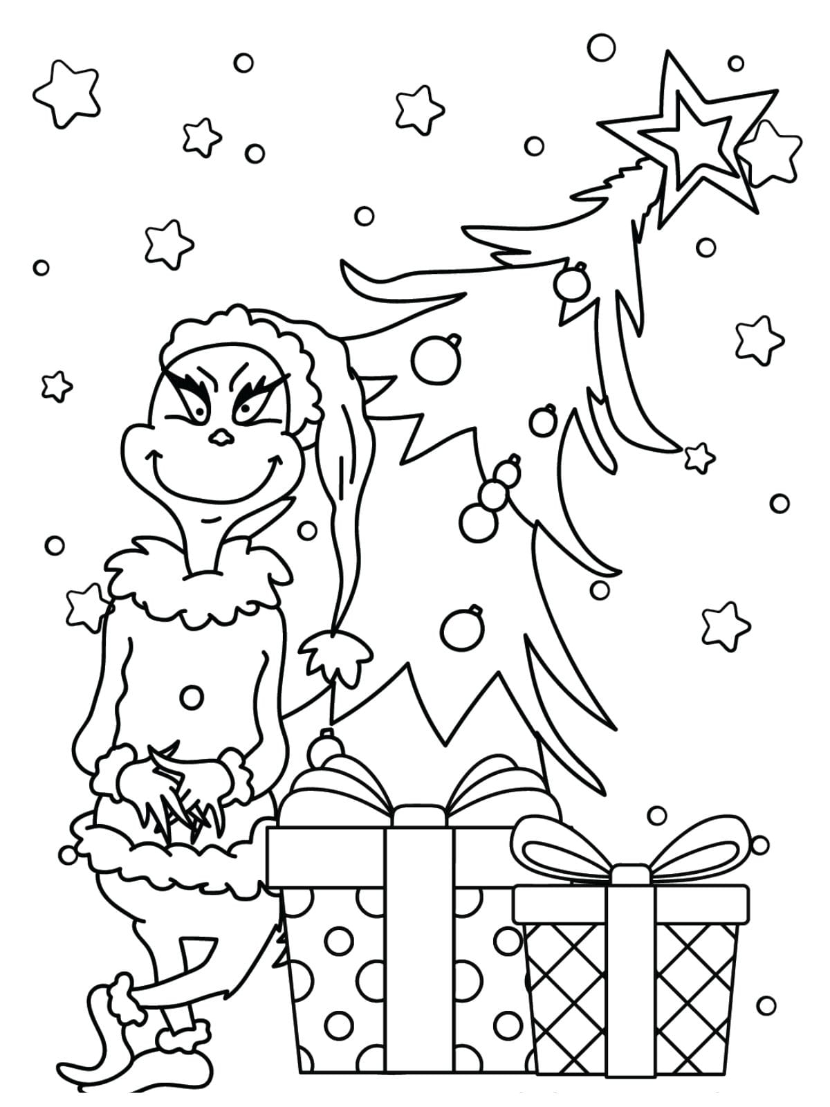 Grinch Christmas Tree And Gift Box Coloring Pages