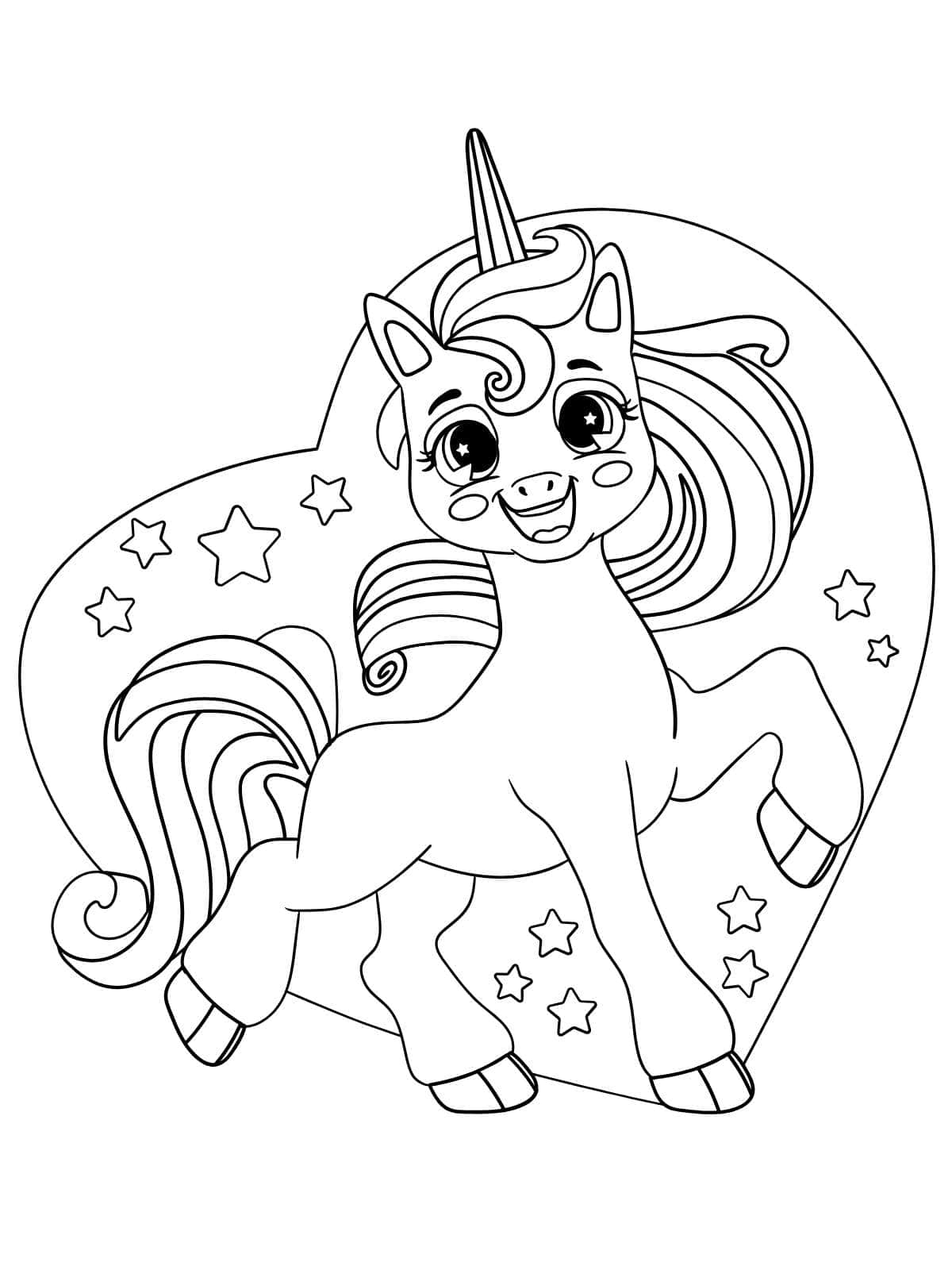 Heart And Cartoon Unicorn Coloring Page