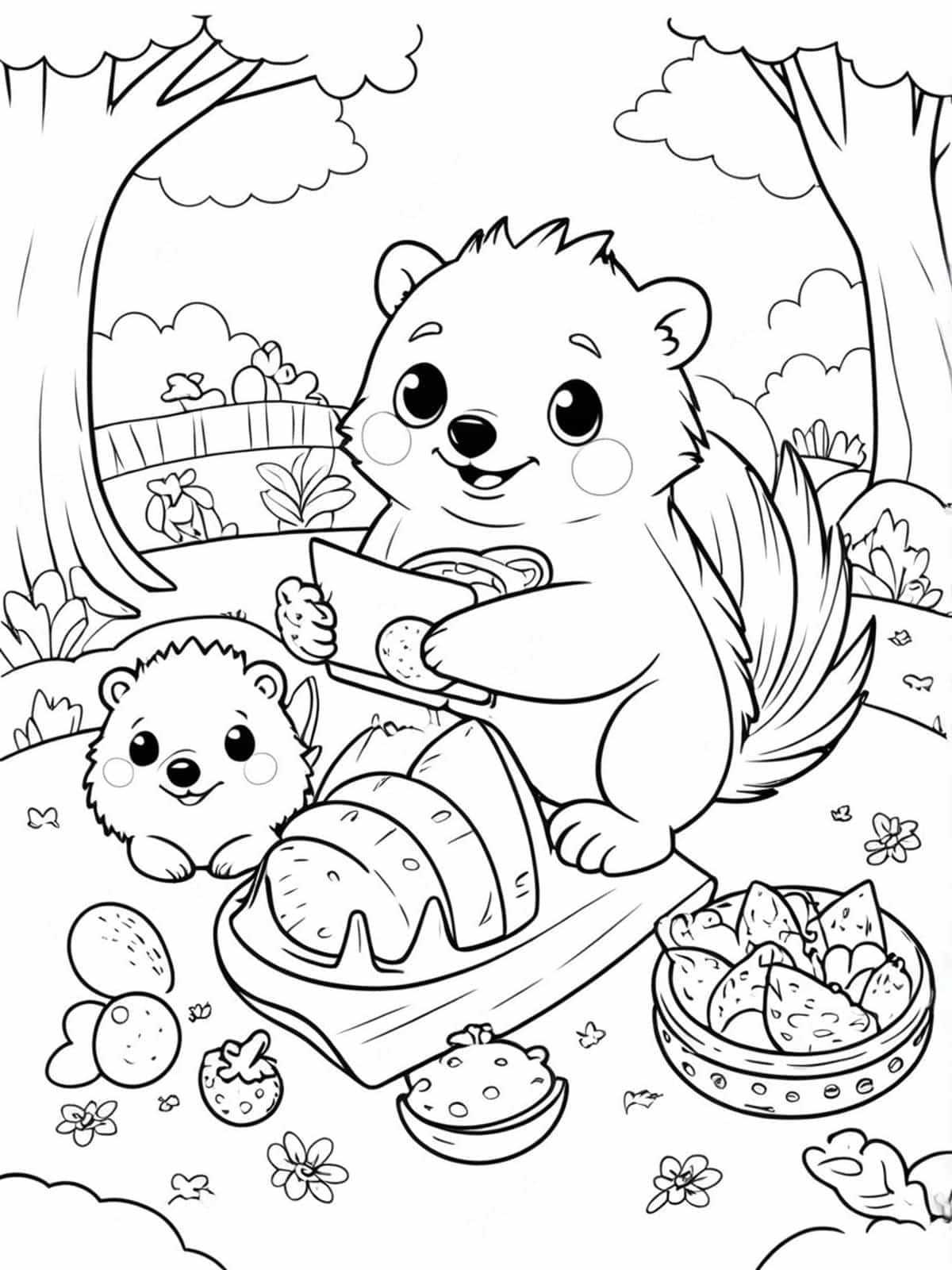 Hedgehog Enjoying A Picnic With Other Animals Coloring Pages