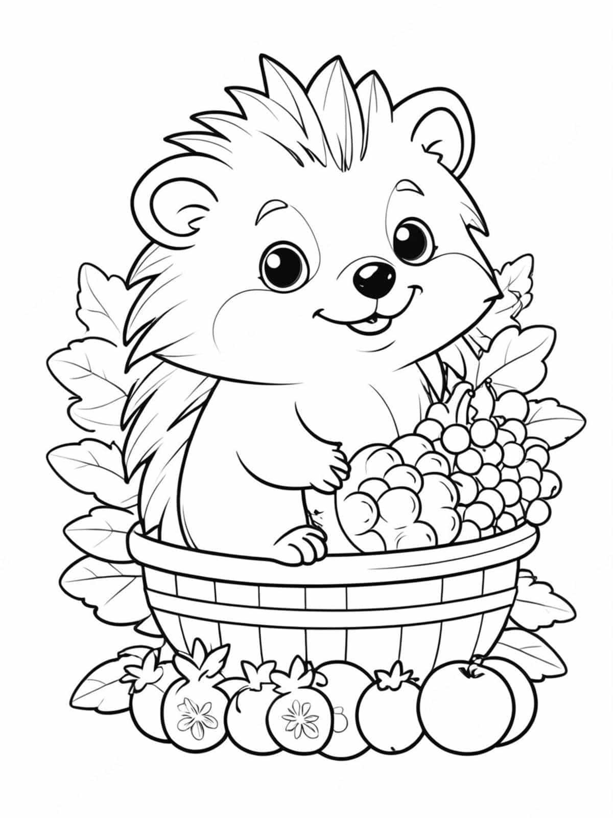 Hedgehog With A Basket Of Fruits Coloring Pages